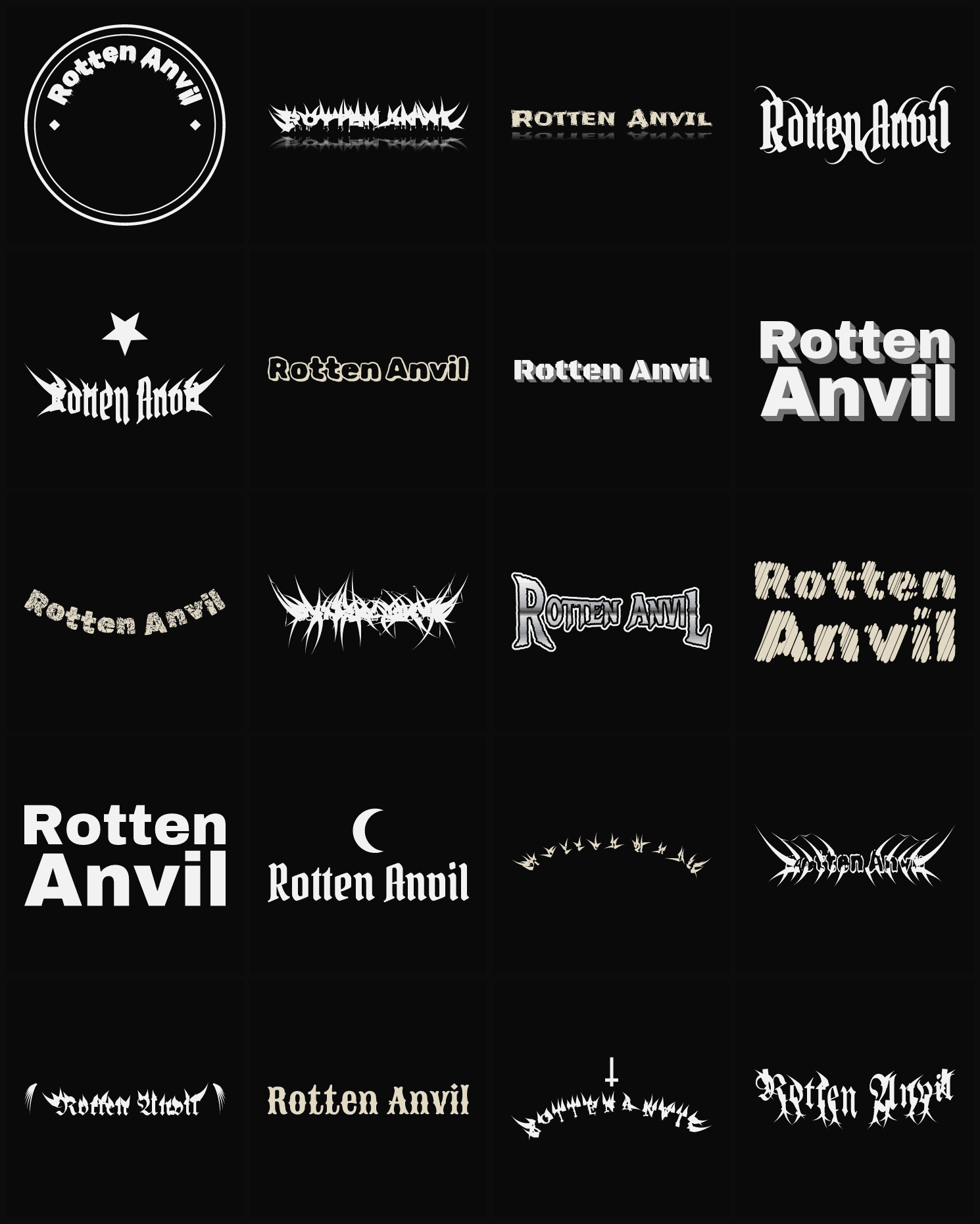 Twenty Rotten Anvil band logo ideas — different faces, treatments and spike settings