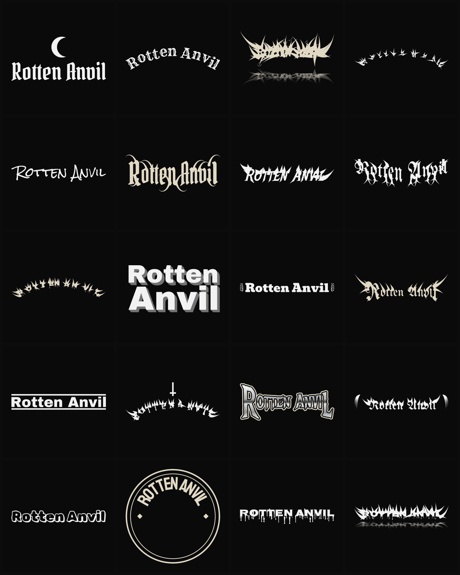 Twenty Rotten Anvil band logo ideas — different faces, treatments and spike settings