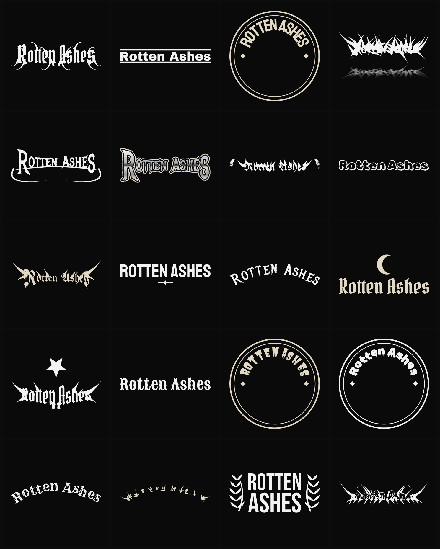 Twenty Rotten Ashes band logo ideas — different faces, treatments and spike settings