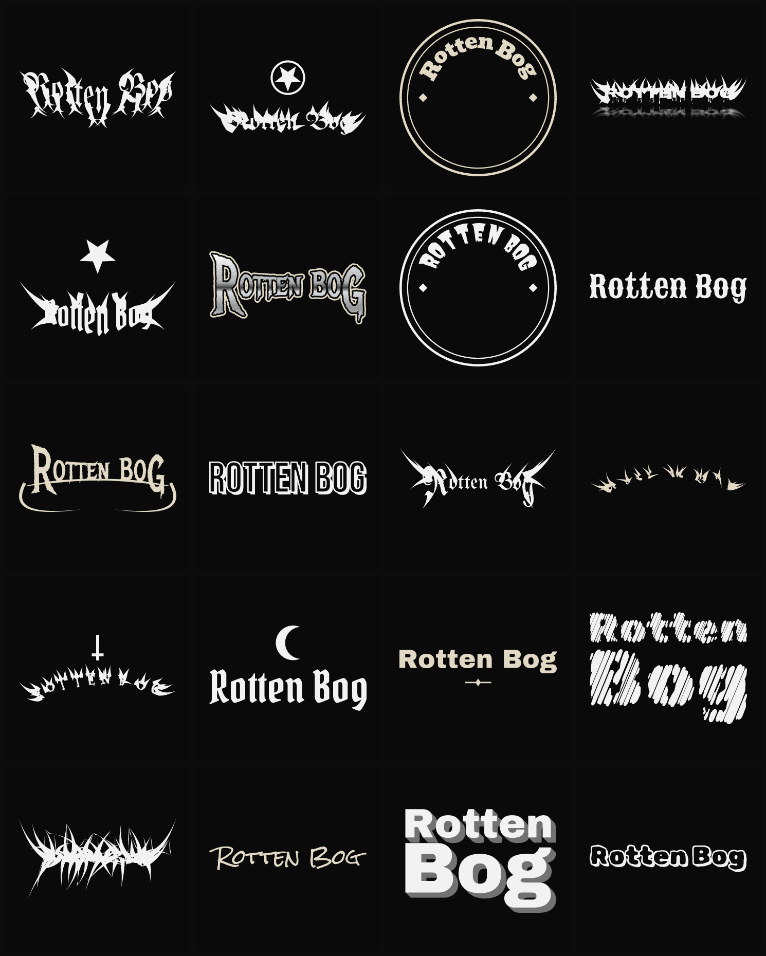 Twenty Rotten Bog band logo ideas — different faces, treatments and spike settings
