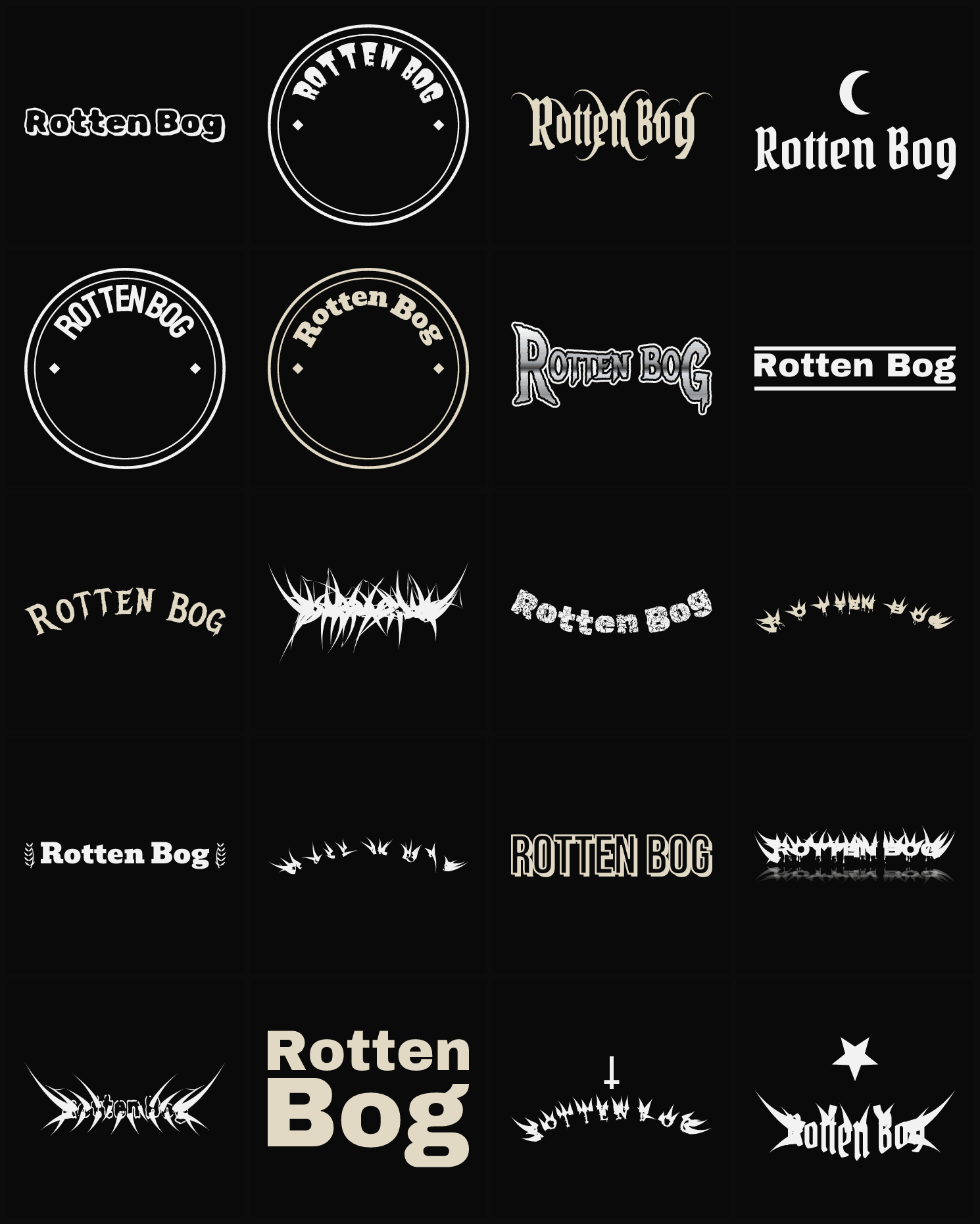 Twenty Rotten Bog band logo ideas — different faces, treatments and spike settings