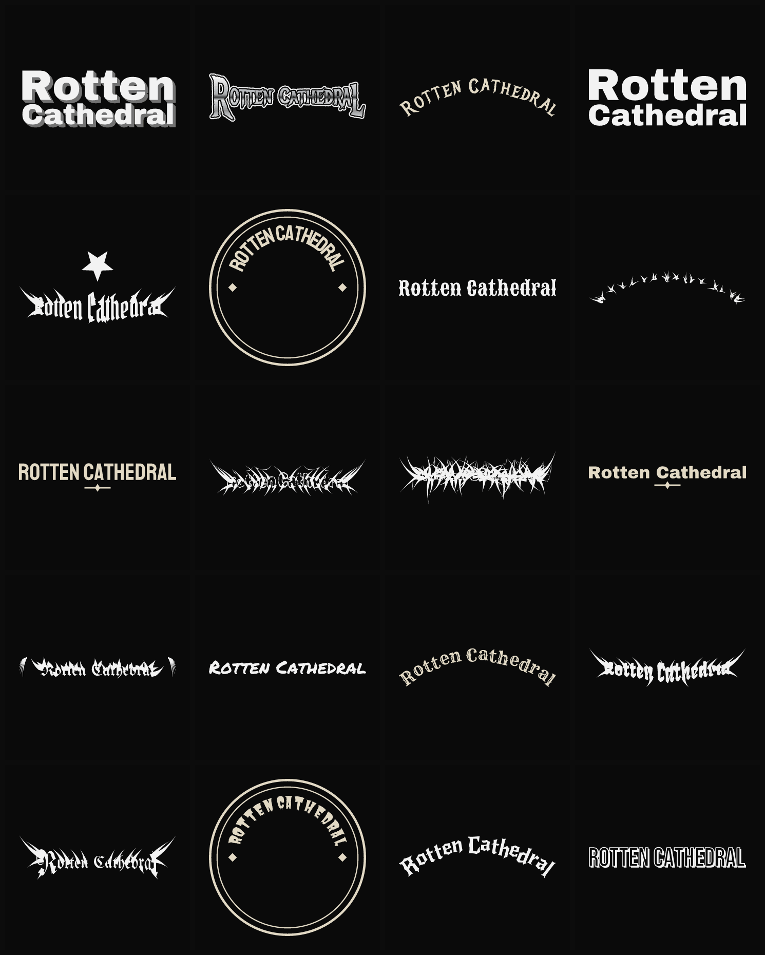 Twenty Rotten Cathedral band logo ideas — different faces, treatments and spike settings