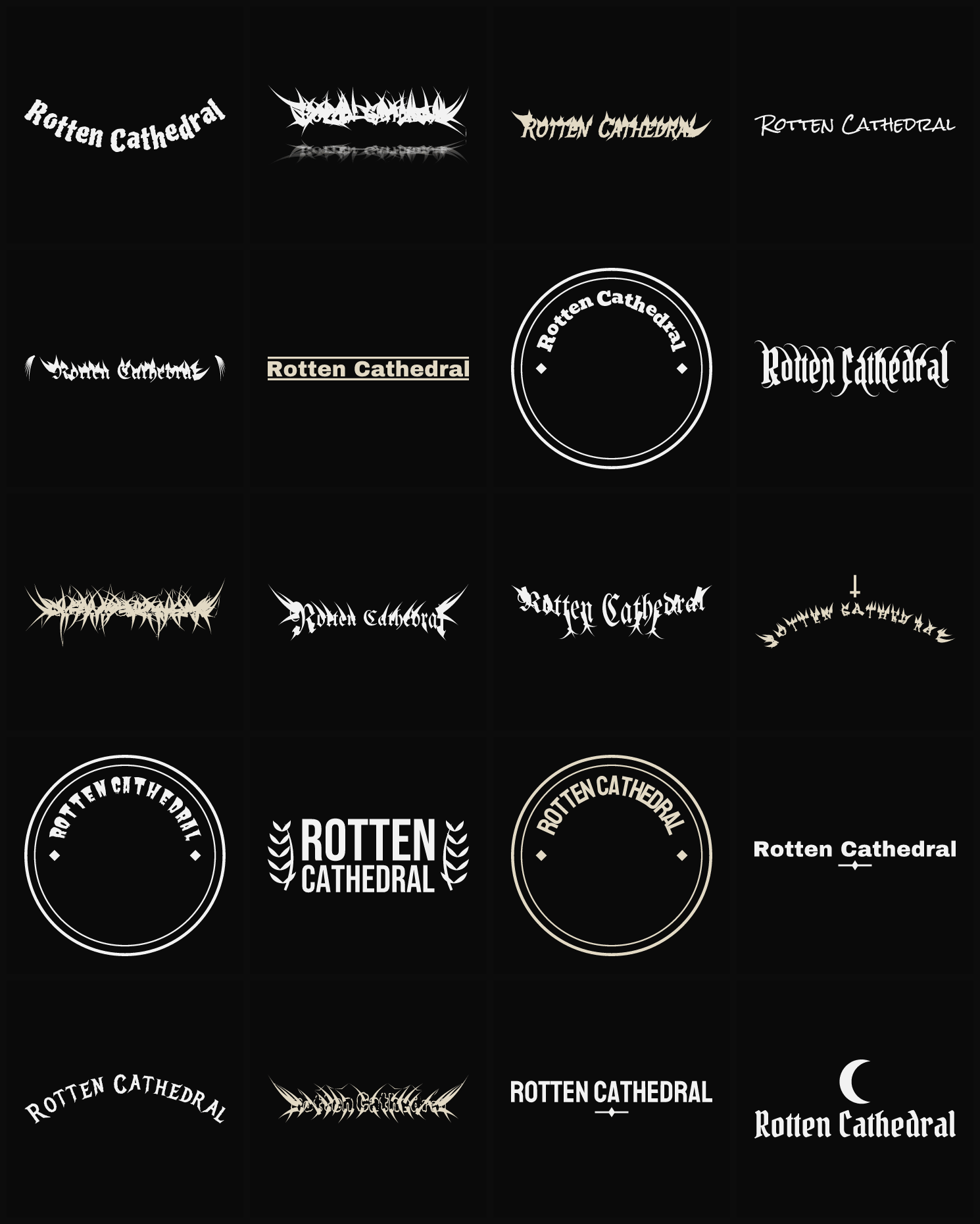 Twenty Rotten Cathedral band logo ideas — different faces, treatments and spike settings
