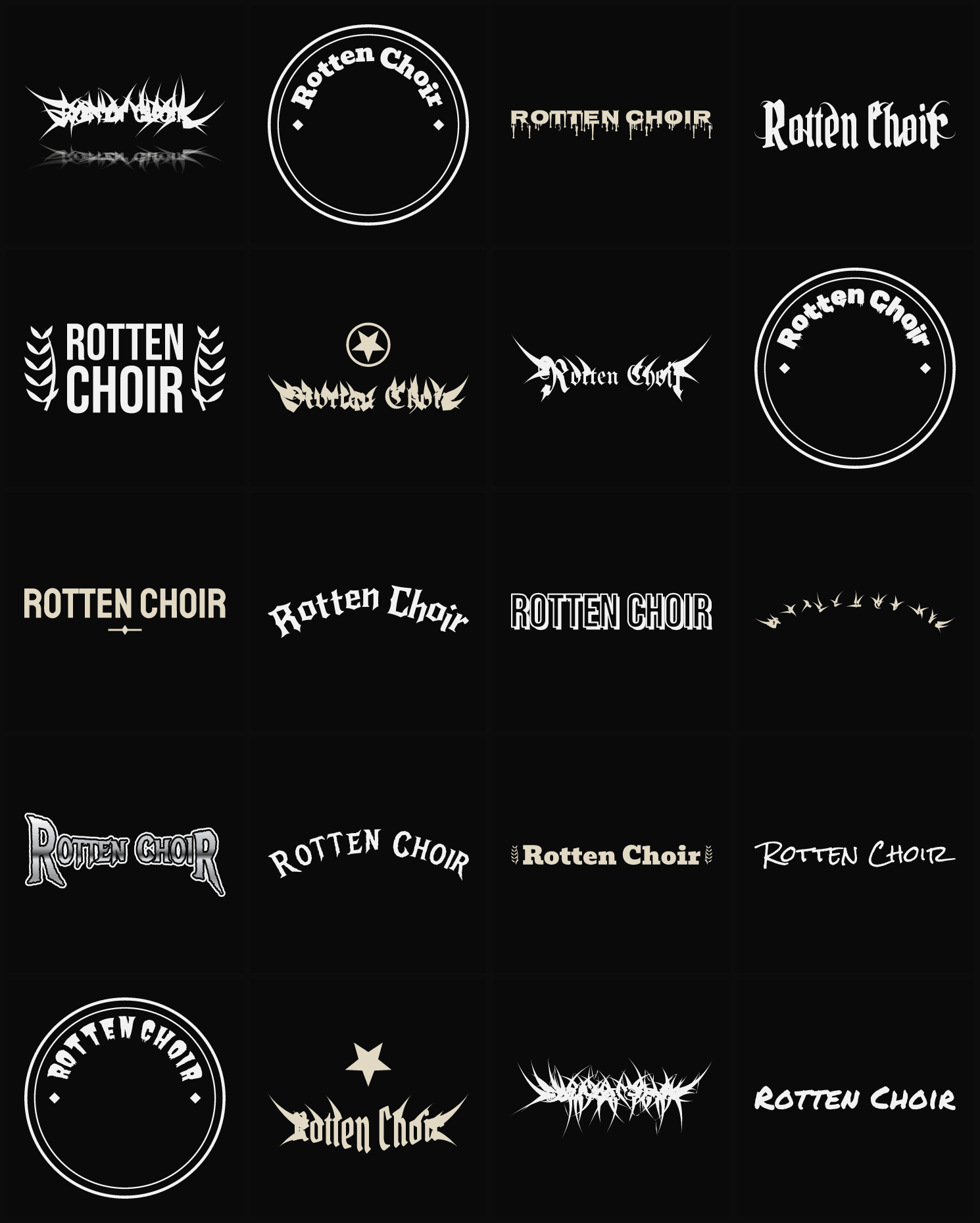 Twenty Rotten Choir band logo ideas — different faces, treatments and spike settings