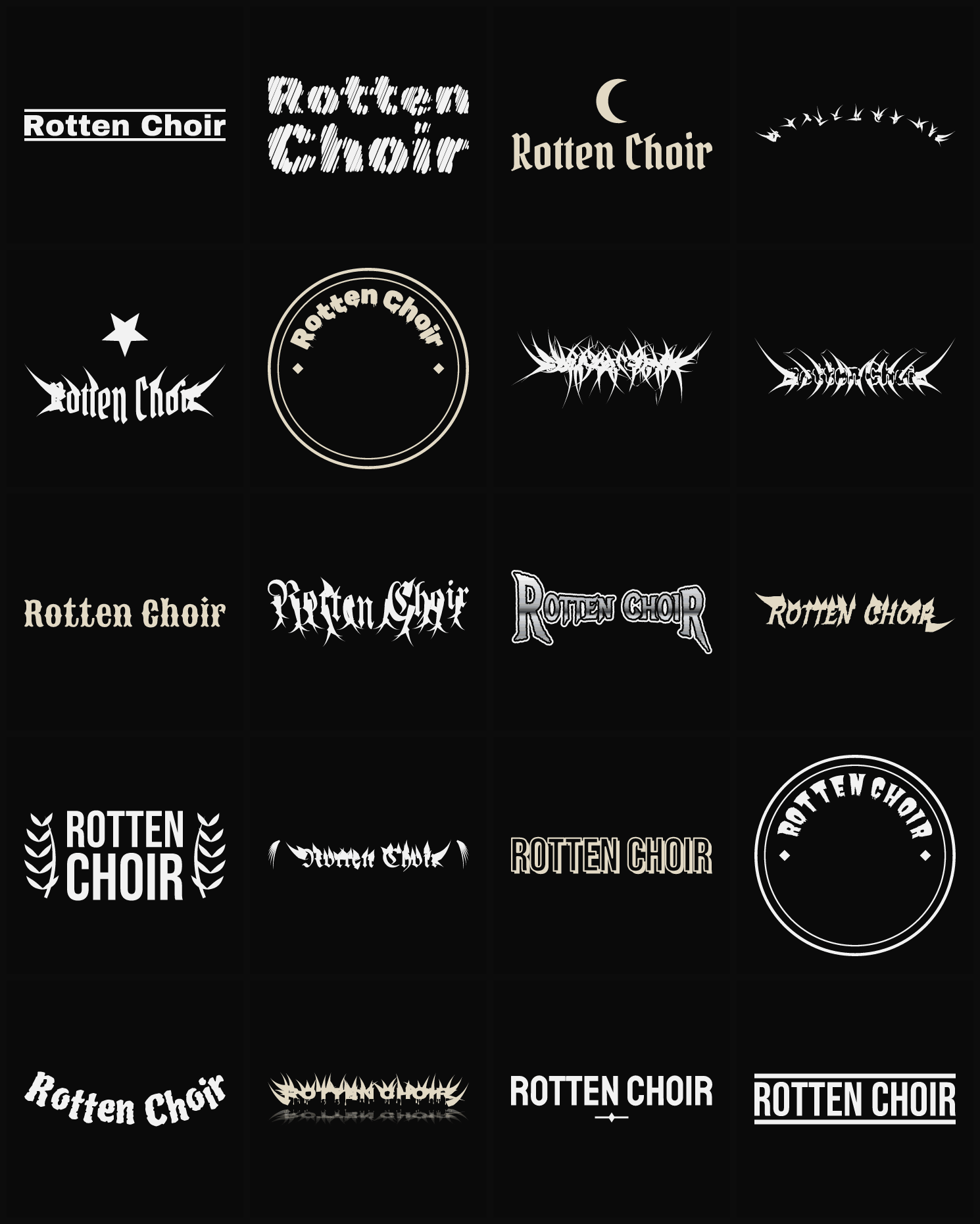 Twenty Rotten Choir band logo ideas — different faces, treatments and spike settings