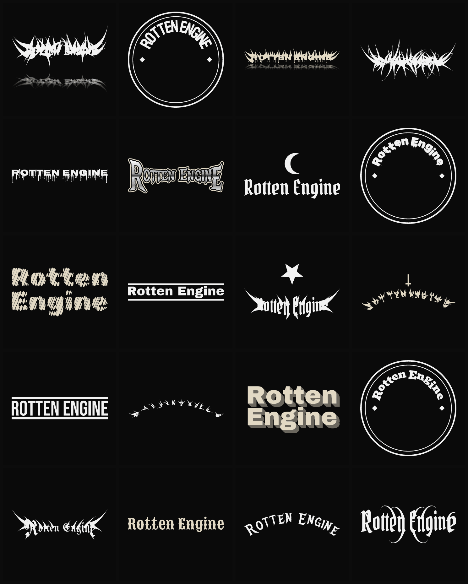 Twenty Rotten Engine band logo ideas — different faces, treatments and spike settings