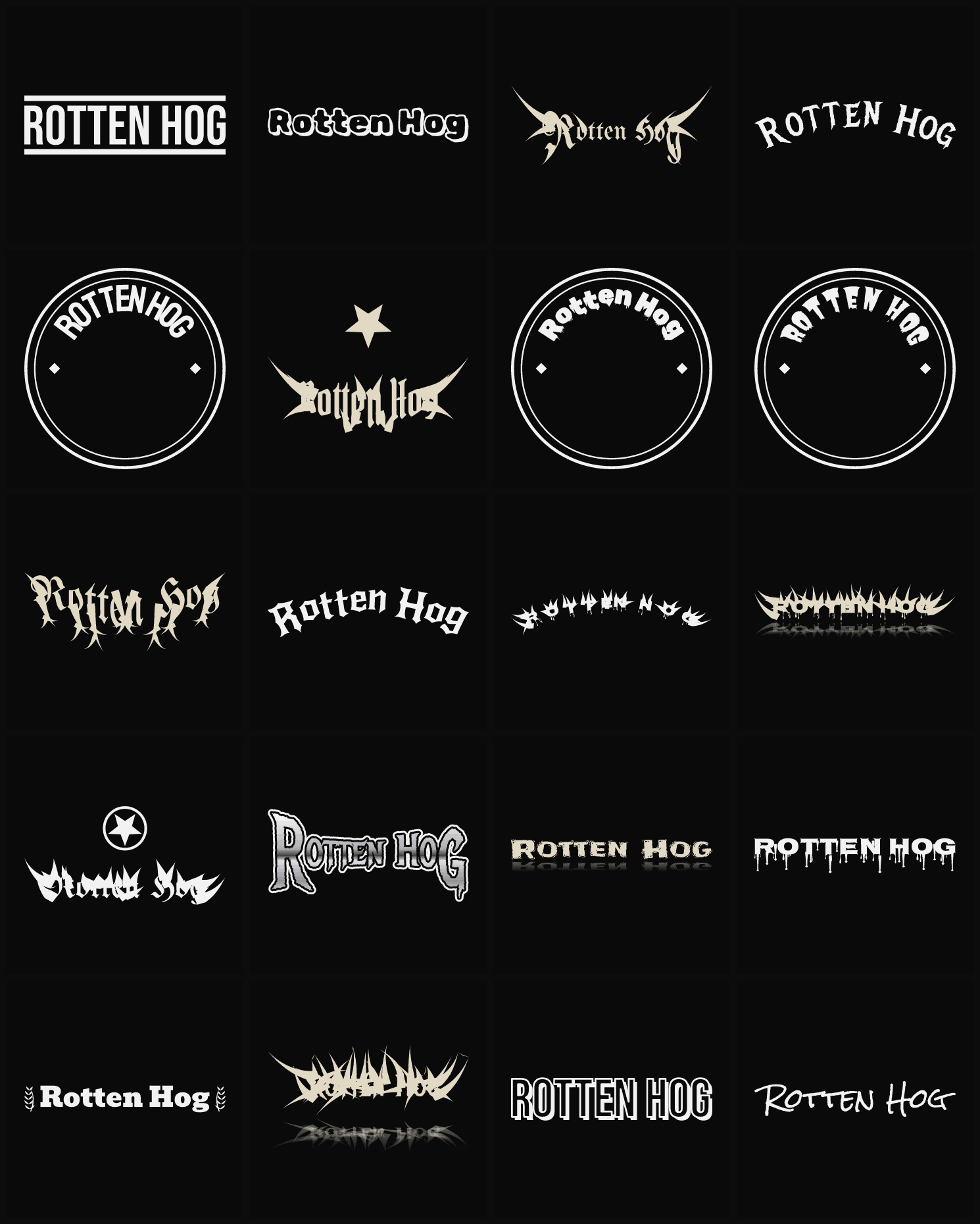 Twenty Rotten Hog band logo ideas — different faces, treatments and spike settings