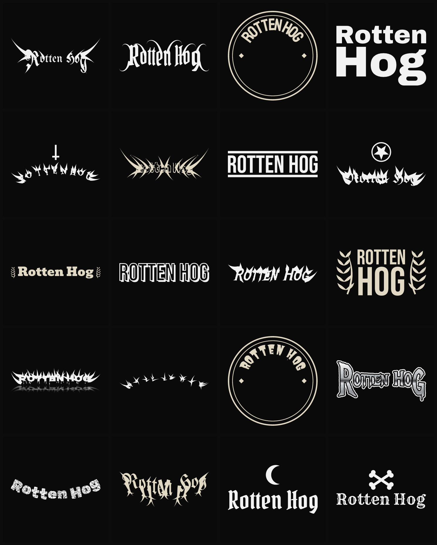 Twenty Rotten Hog band logo ideas — different faces, treatments and spike settings