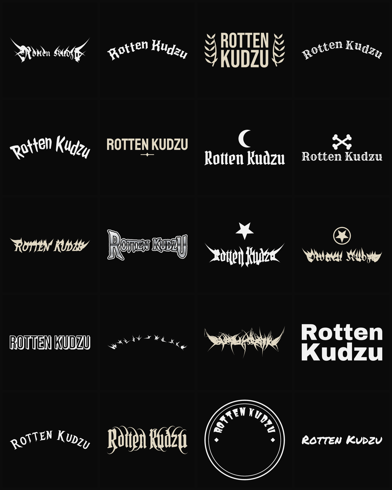 Twenty Rotten Kudzu band logo ideas — different faces, treatments and spike settings