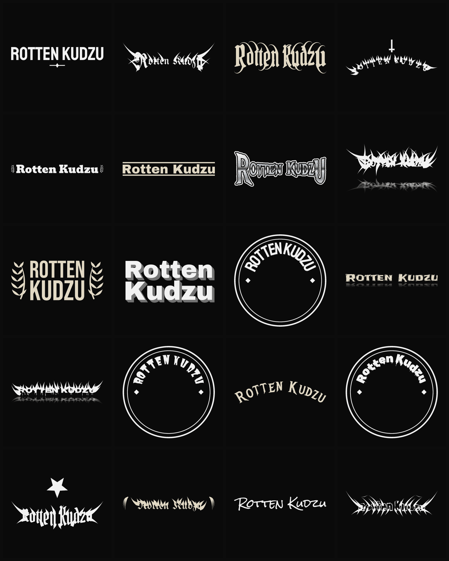 Twenty Rotten Kudzu band logo ideas — different faces, treatments and spike settings