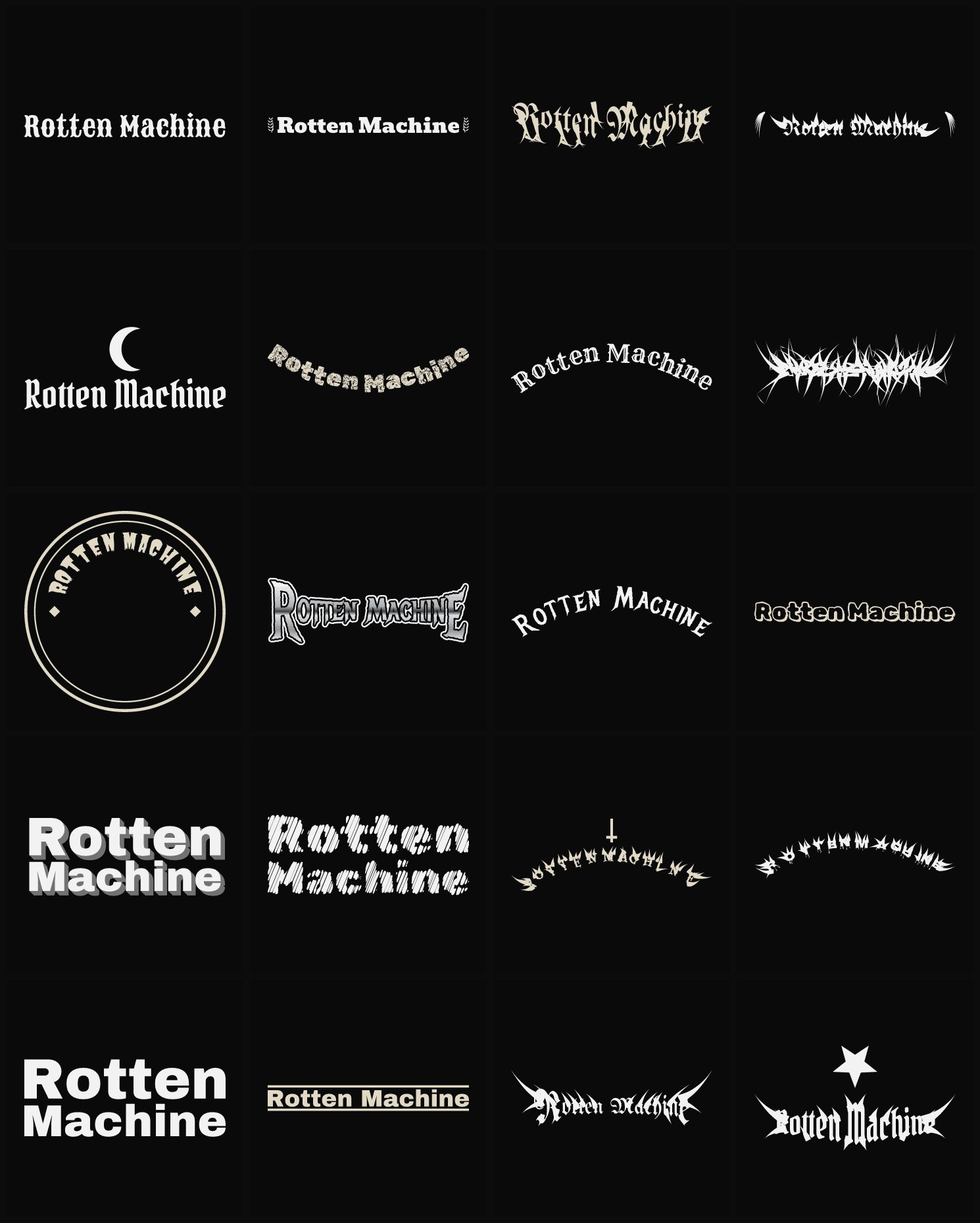 Twenty Rotten Machine band logo ideas — different faces, treatments and spike settings