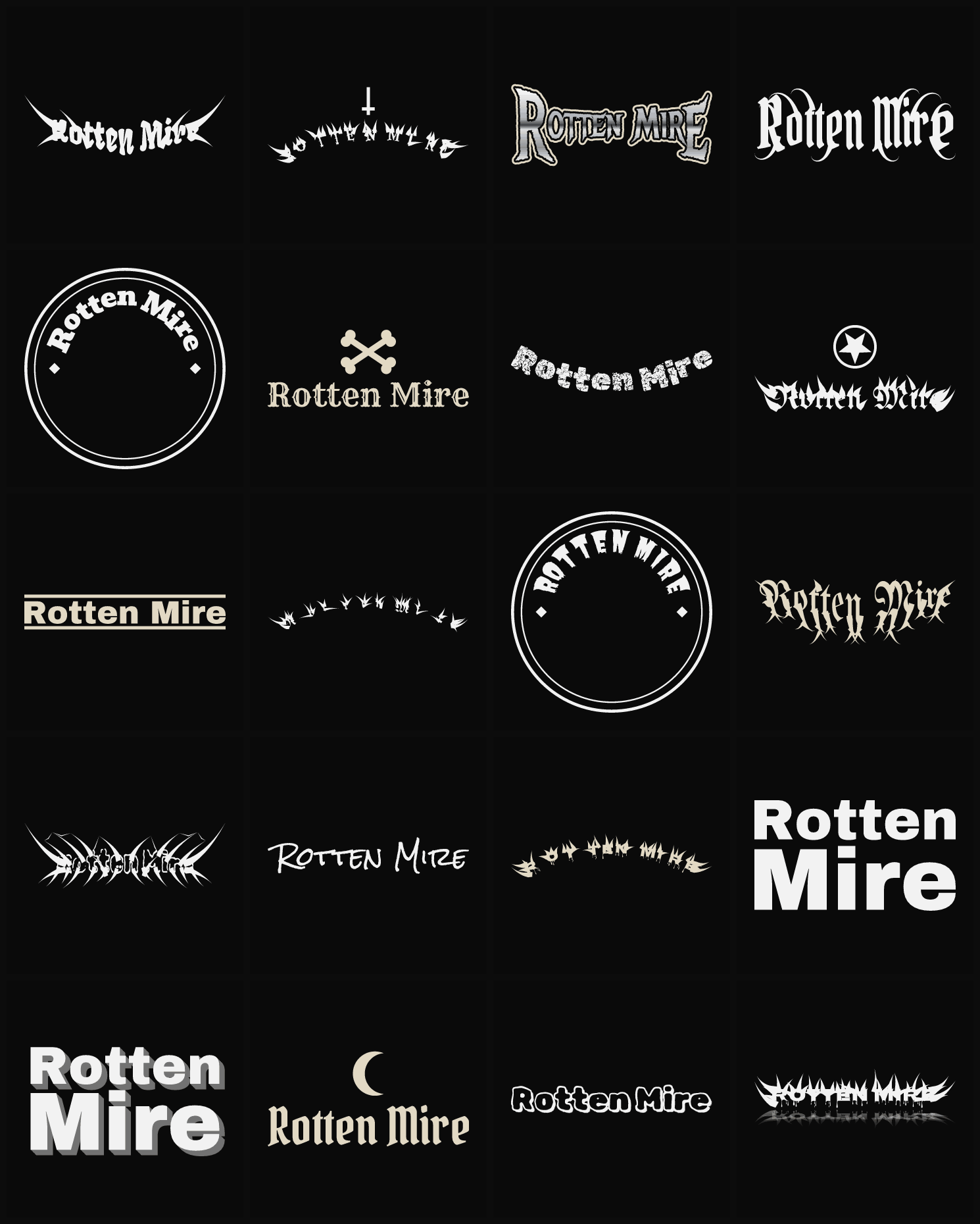 Twenty Rotten Mire band logo ideas — different faces, treatments and spike settings