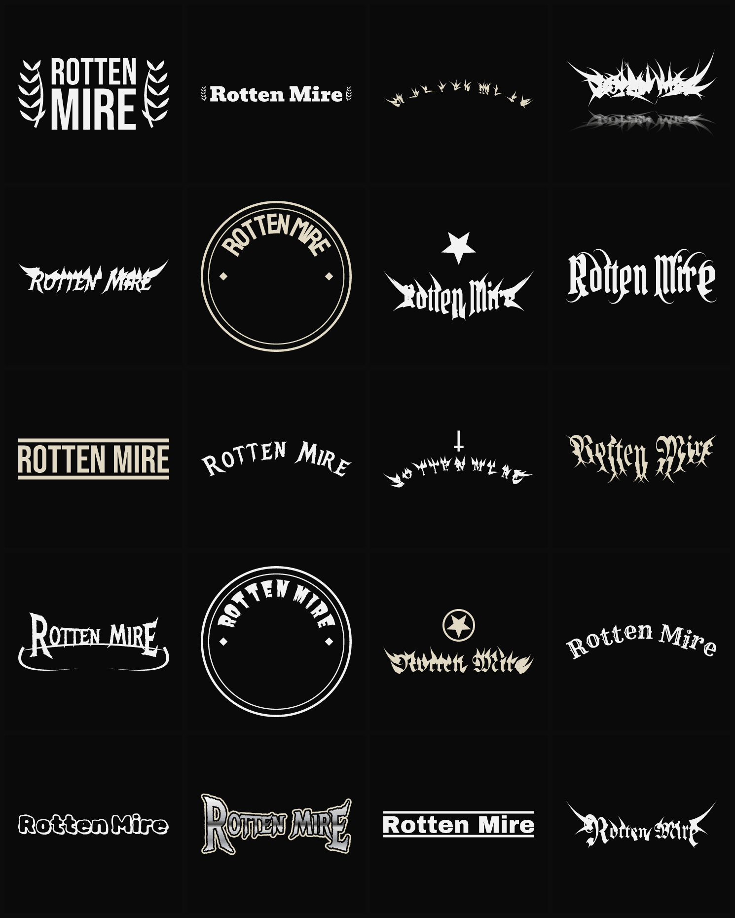 Twenty Rotten Mire band logo ideas — different faces, treatments and spike settings