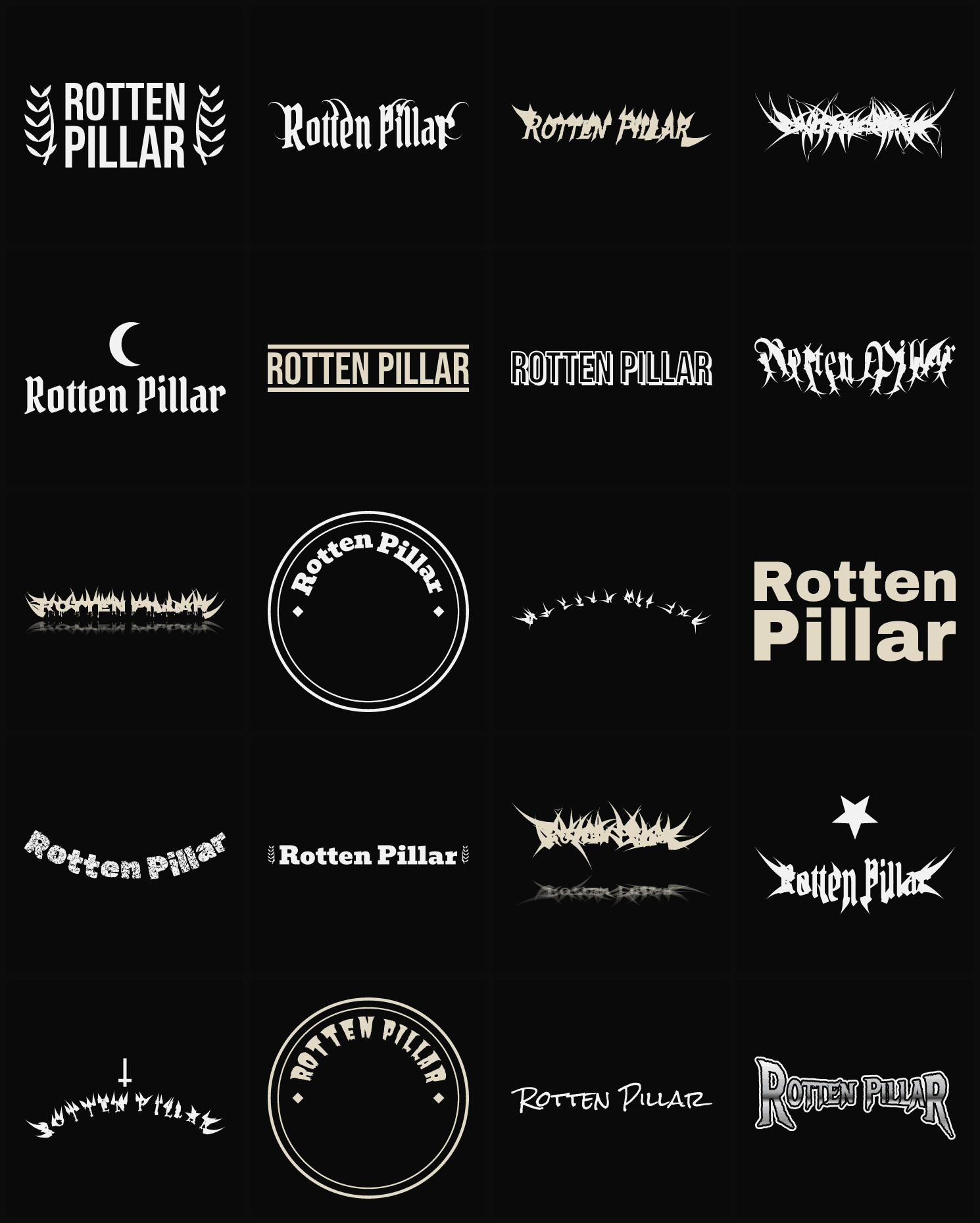 Twenty Rotten Pillar band logo ideas — different faces, treatments and spike settings