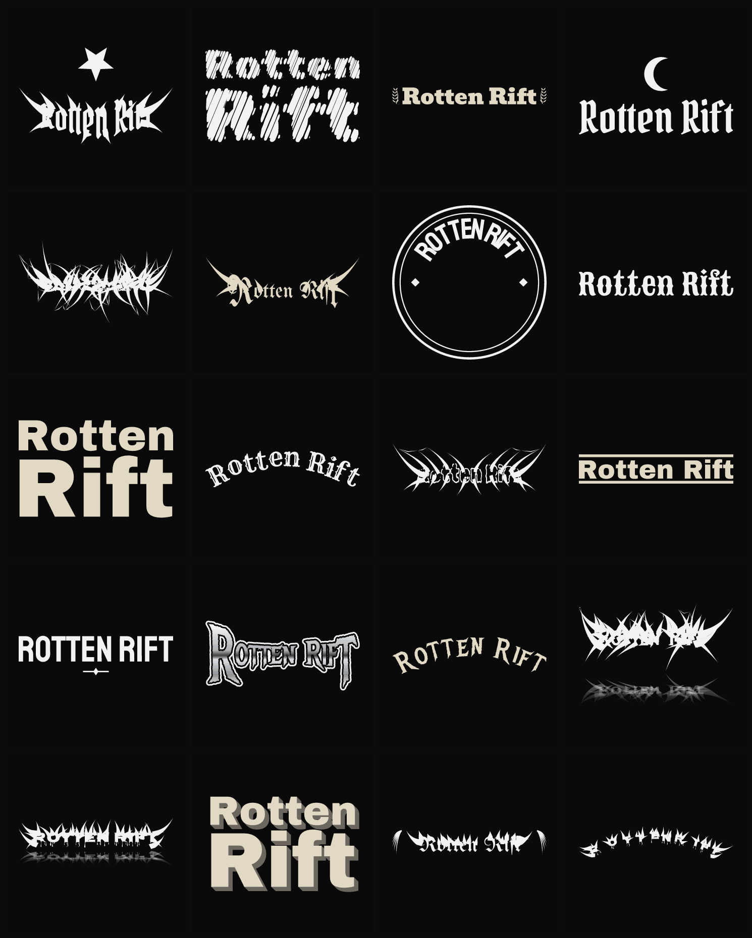 Twenty Rotten Rift band logo ideas — different faces, treatments and spike settings
