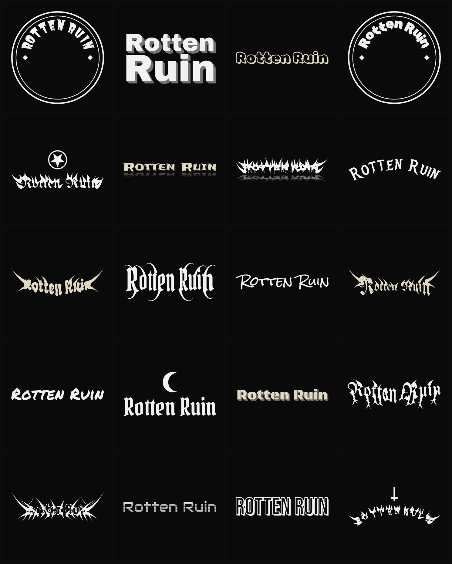 Twenty Rotten Ruin band logo ideas — different faces, treatments and spike settings