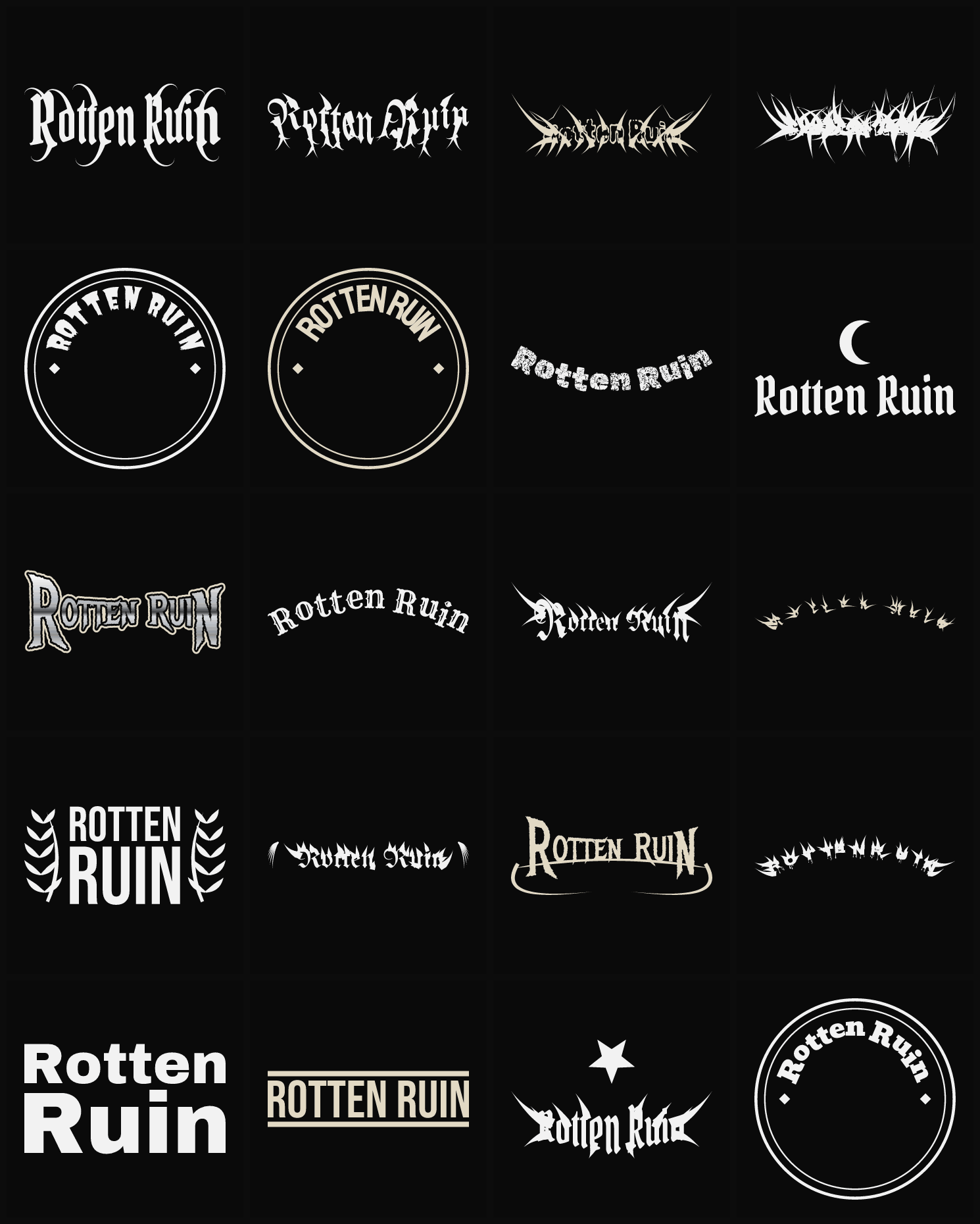 Twenty Rotten Ruin band logo ideas — different faces, treatments and spike settings