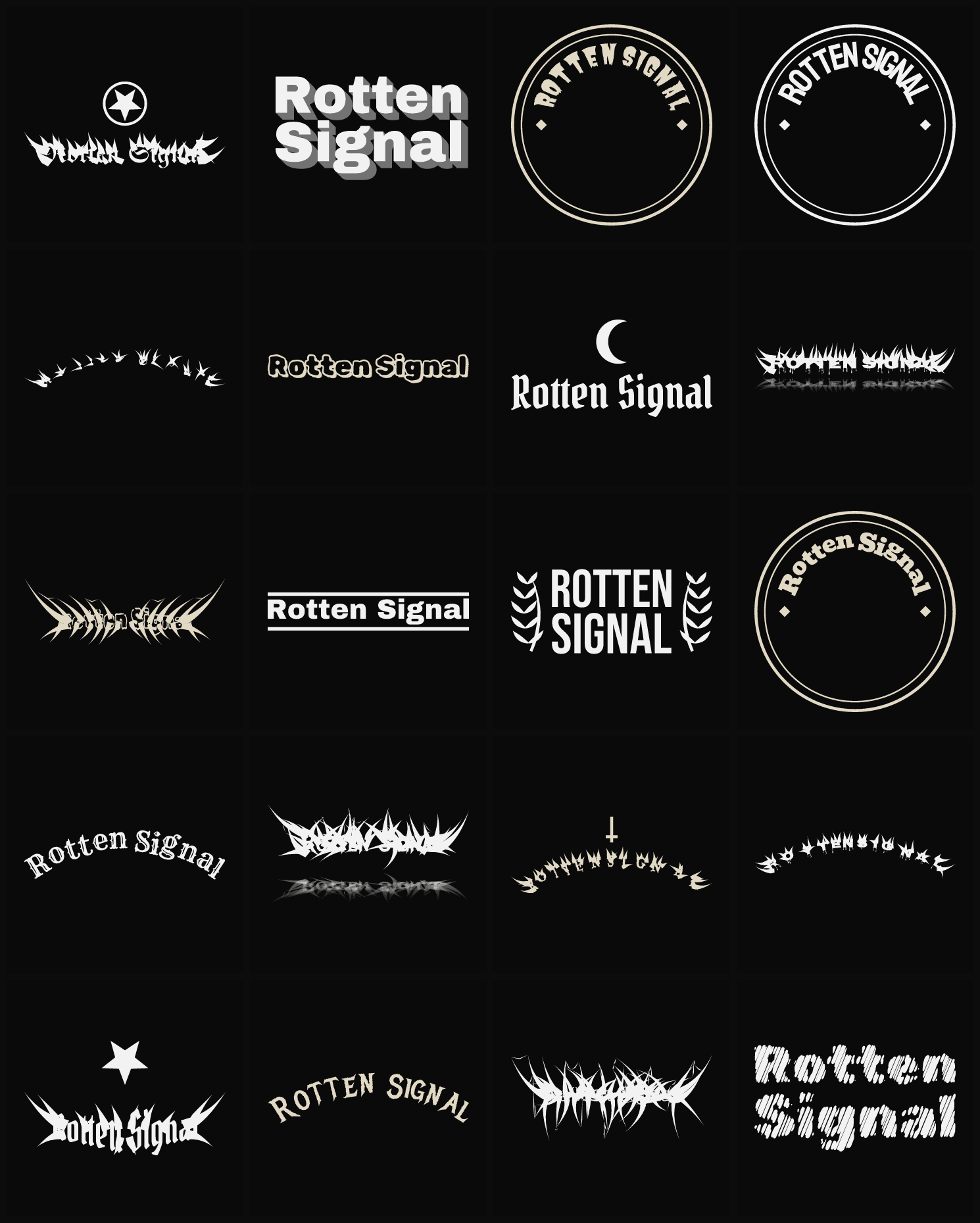 Twenty Rotten Signal band logo ideas — different faces, treatments and spike settings