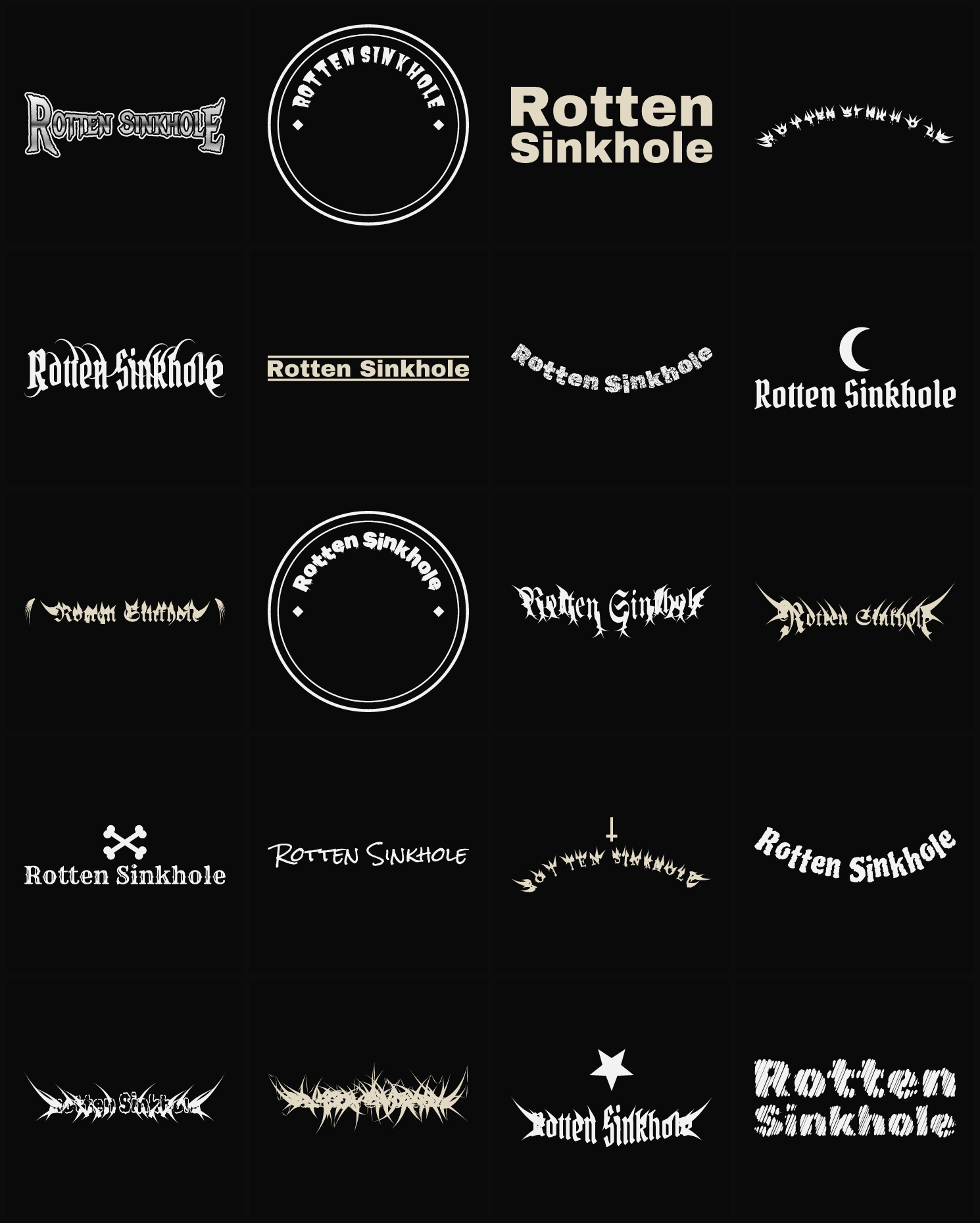 Twenty Rotten Sinkhole band logo ideas — different faces, treatments and spike settings