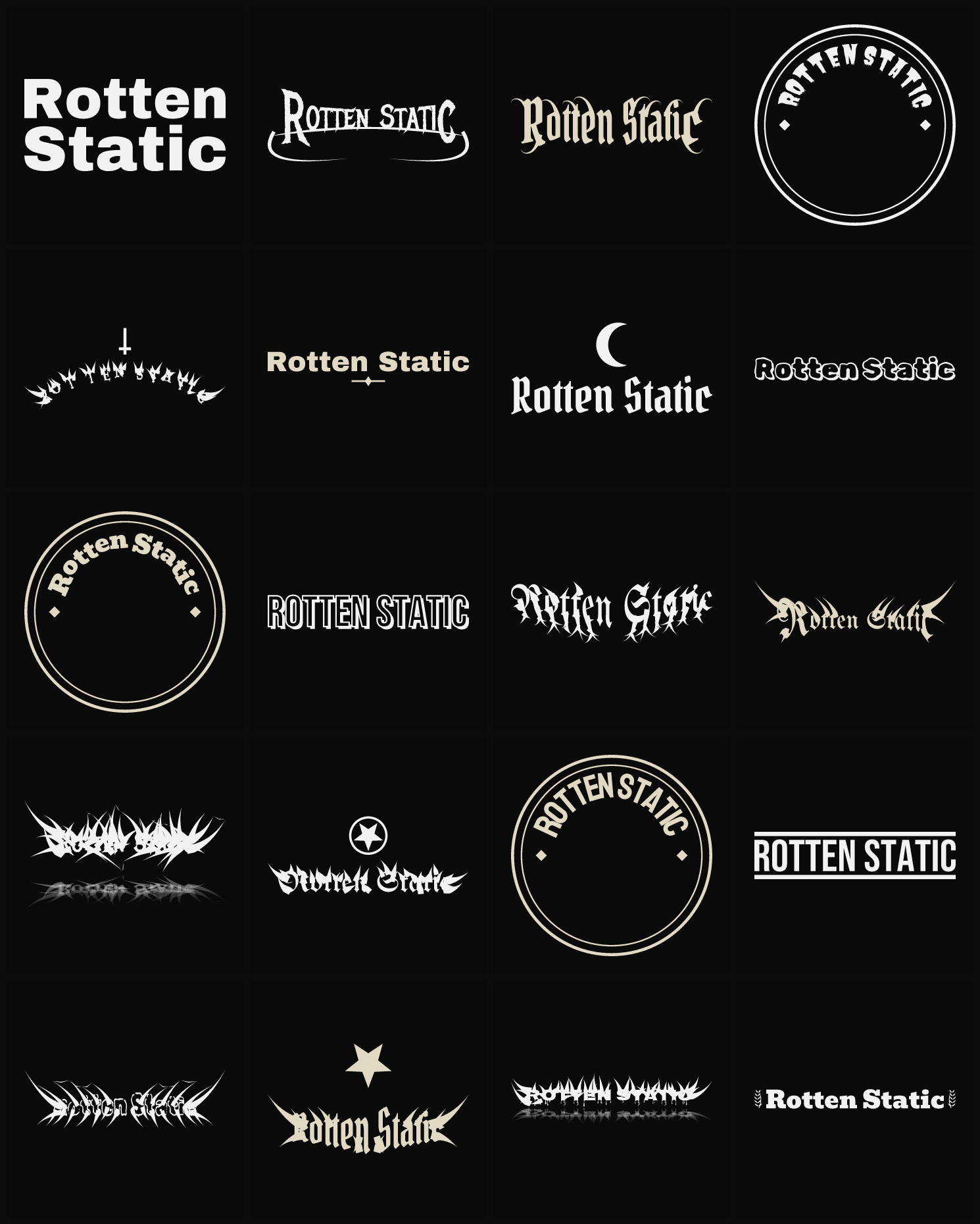 Twenty Rotten Static band logo ideas — different faces, treatments and spike settings