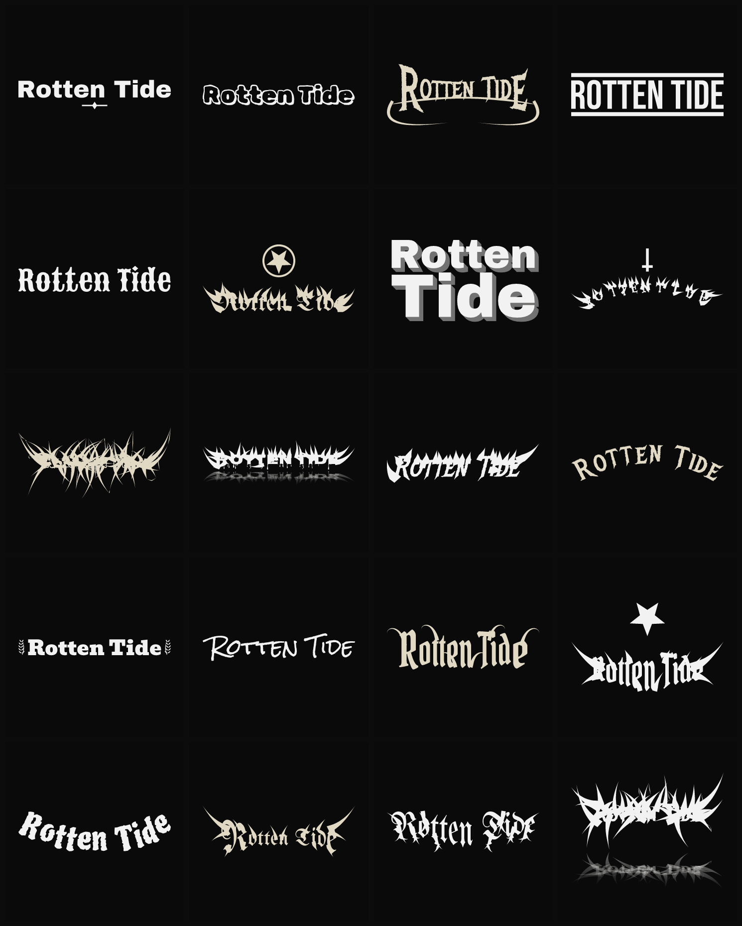 Twenty Rotten Tide band logo ideas — different faces, treatments and spike settings