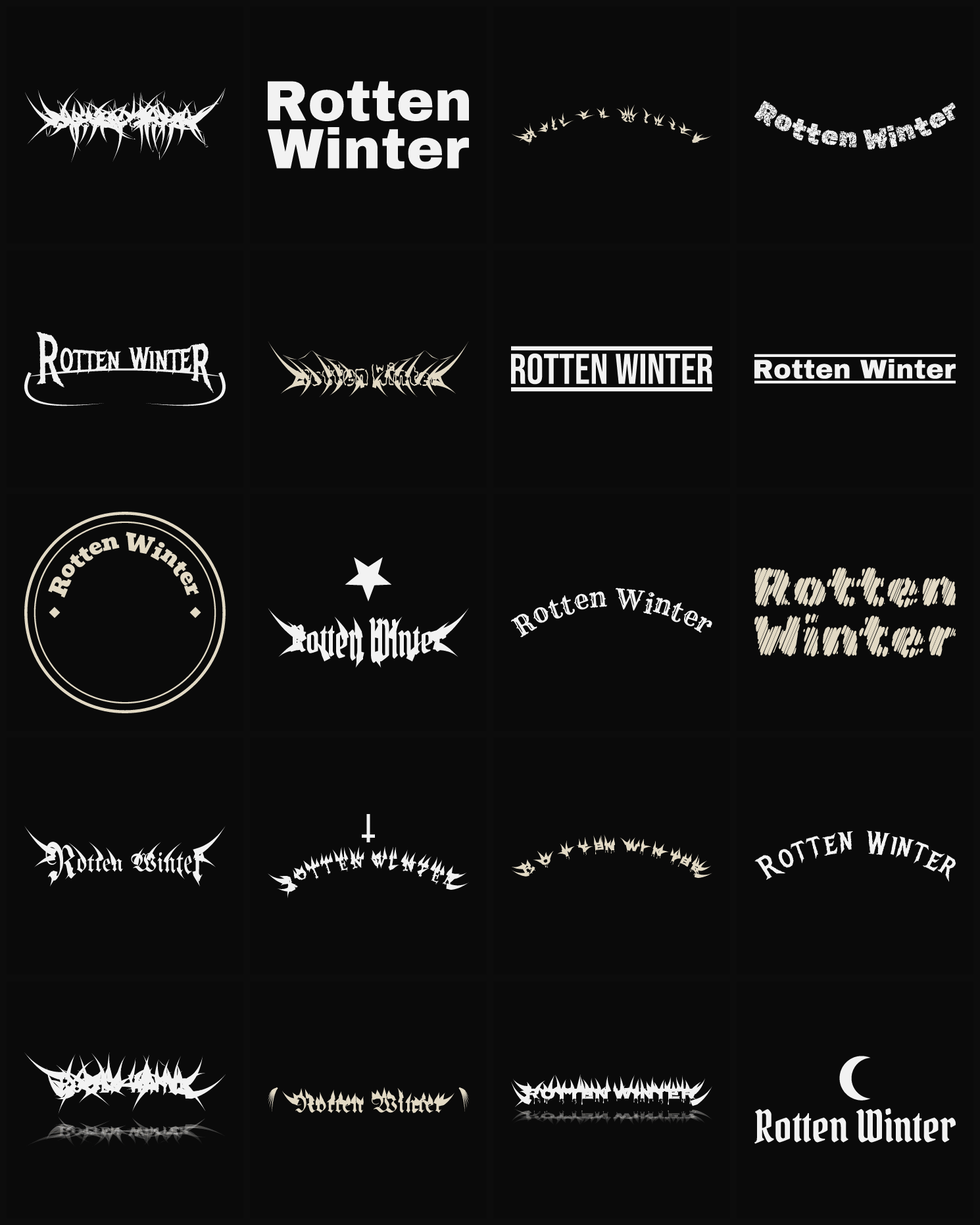 Twenty Rotten Winter band logo ideas — different faces, treatments and spike settings