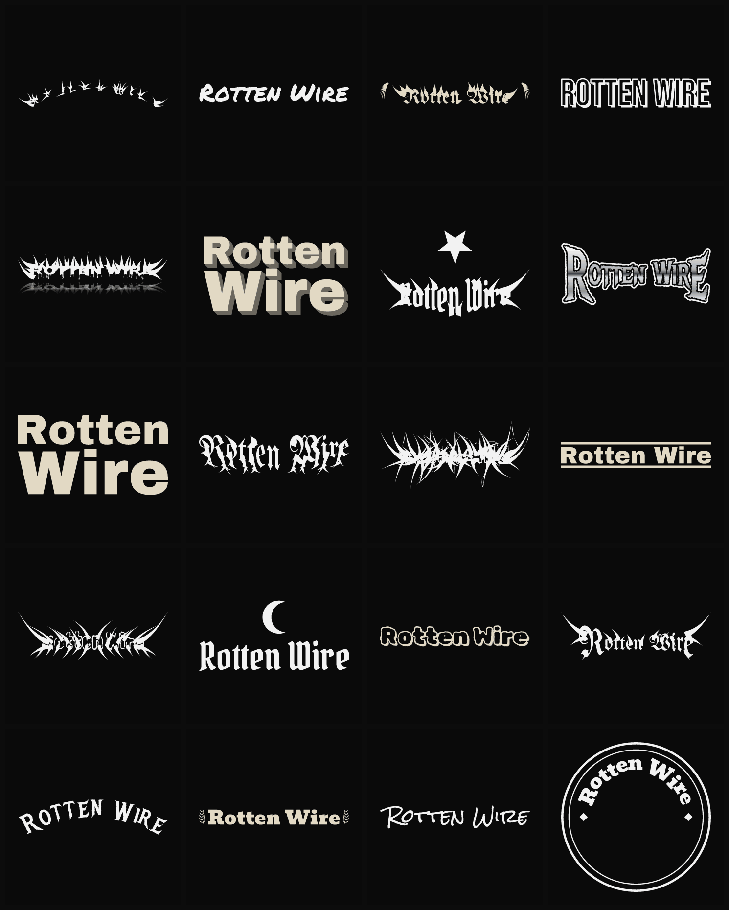Twenty Rotten Wire band logo ideas — different faces, treatments and spike settings