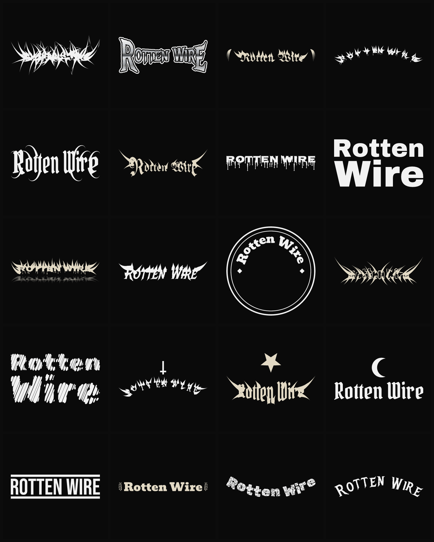 Twenty Rotten Wire band logo ideas — different faces, treatments and spike settings