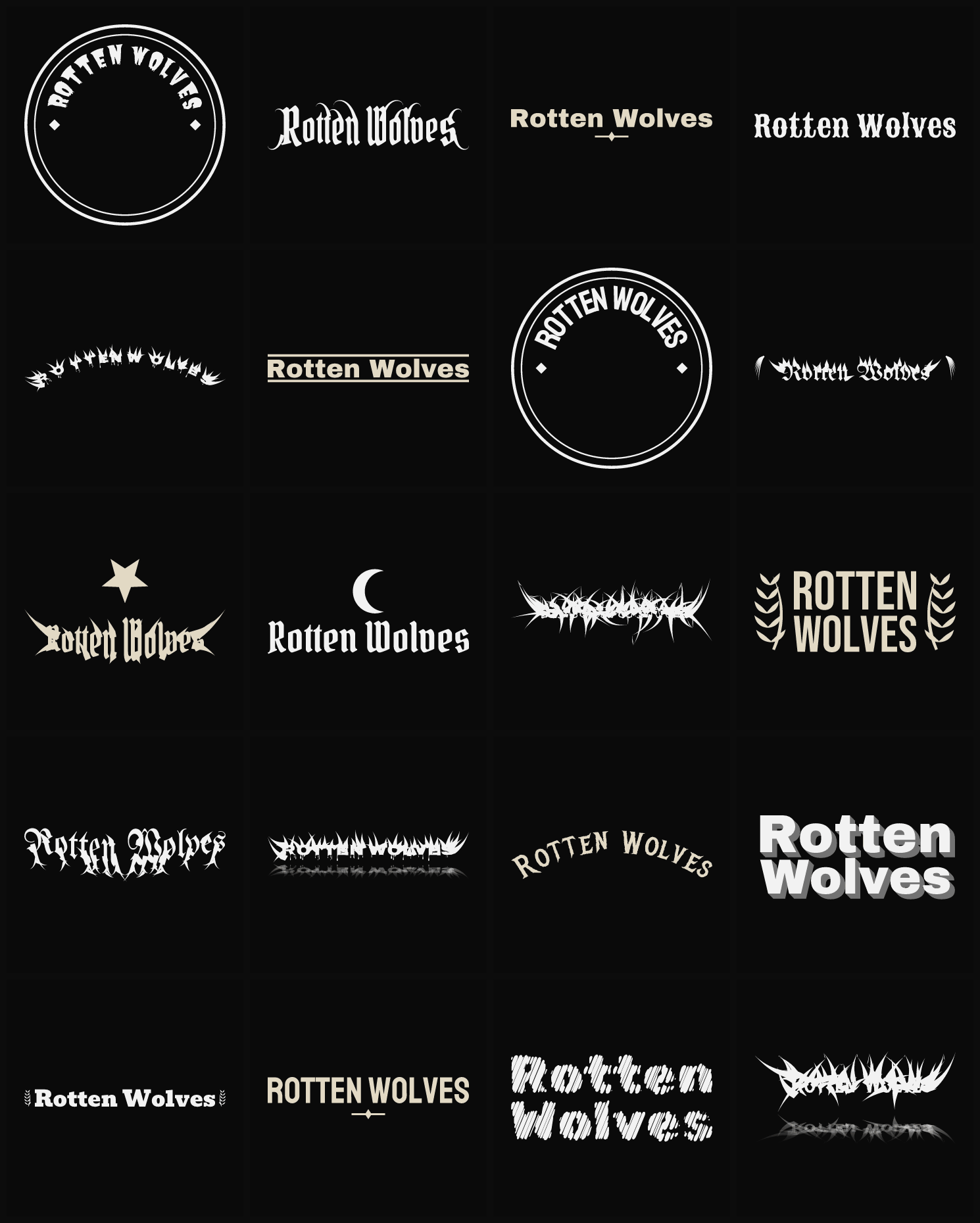 Twenty Rotten Wolves band logo ideas — different faces, treatments and spike settings