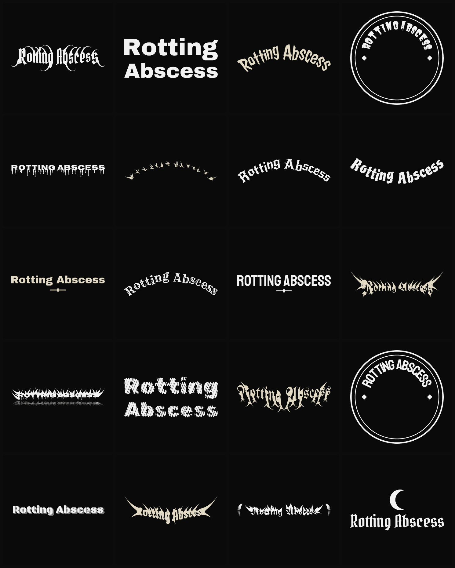 Twenty Rotting Abscess band logo ideas — different faces, treatments and spike settings