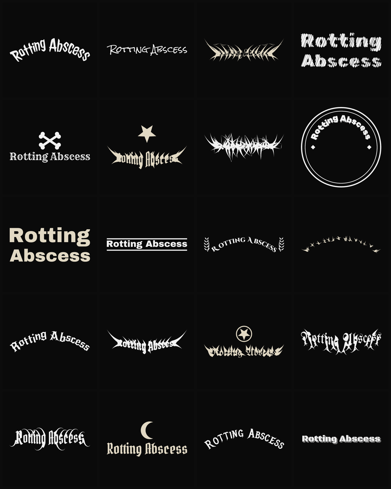 Twenty Rotting Abscess band logo ideas — different faces, treatments and spike settings