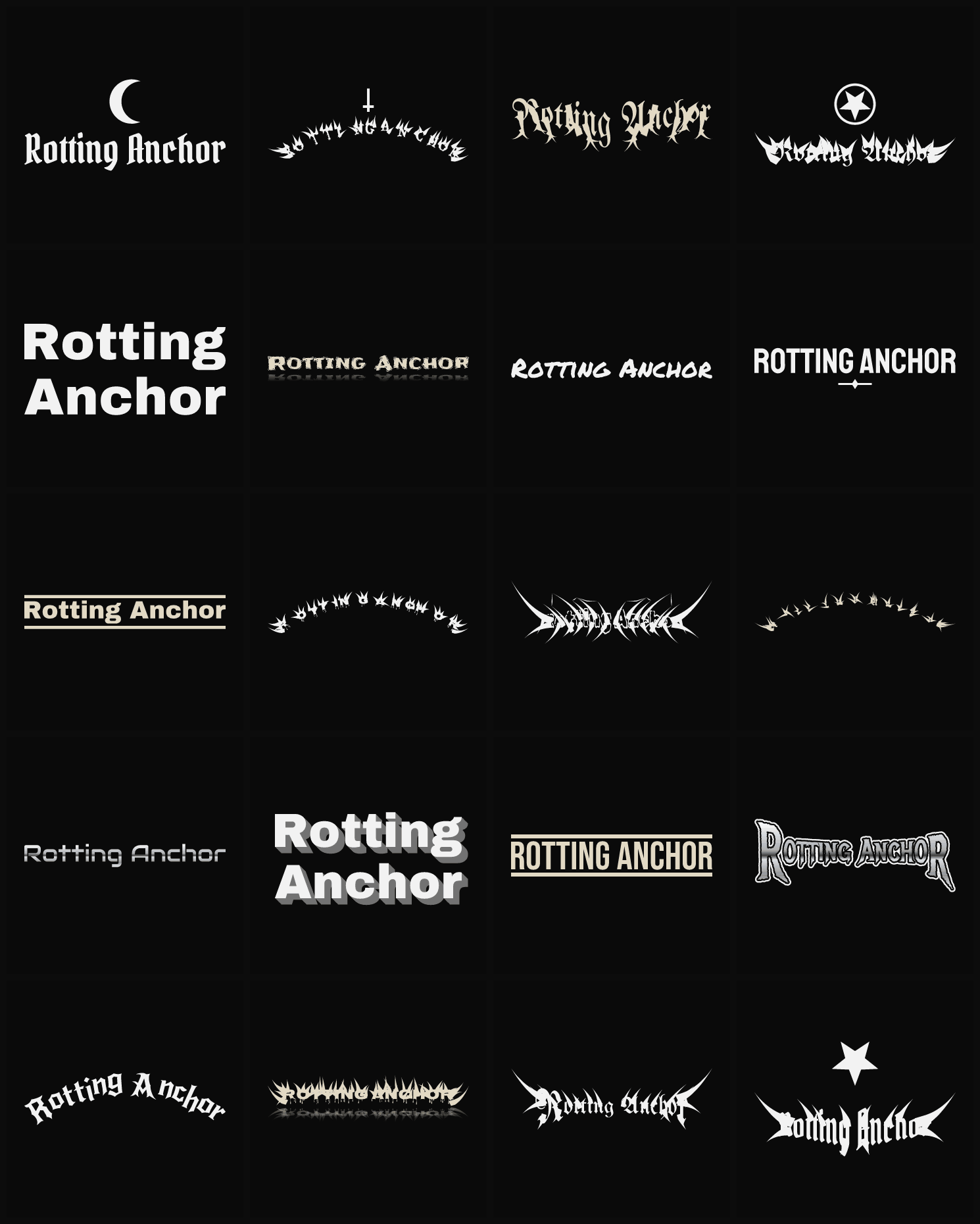 Twenty Rotting Anchor band logo ideas — different faces, treatments and spike settings