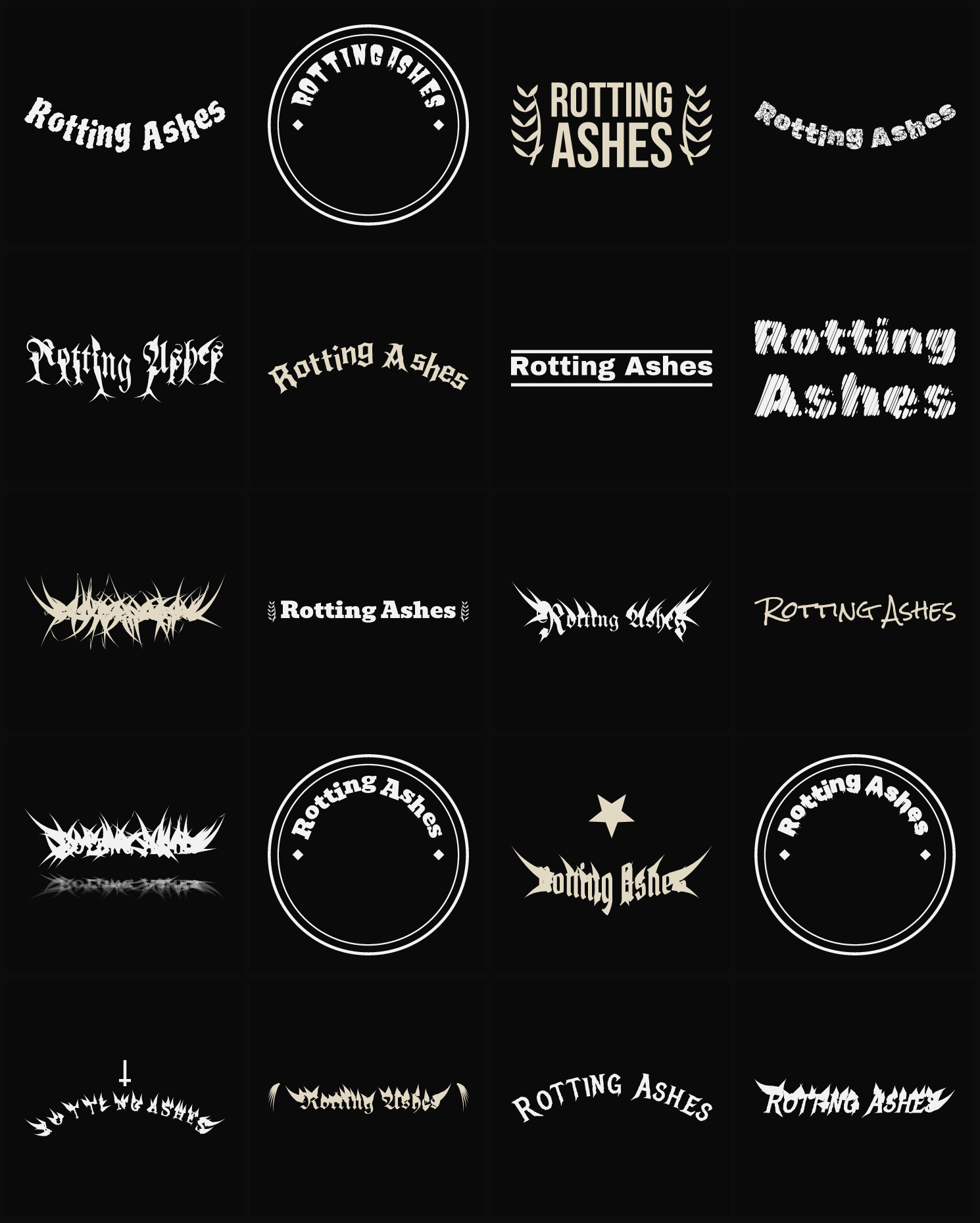 Twenty Rotting Ashes band logo ideas — different faces, treatments and spike settings