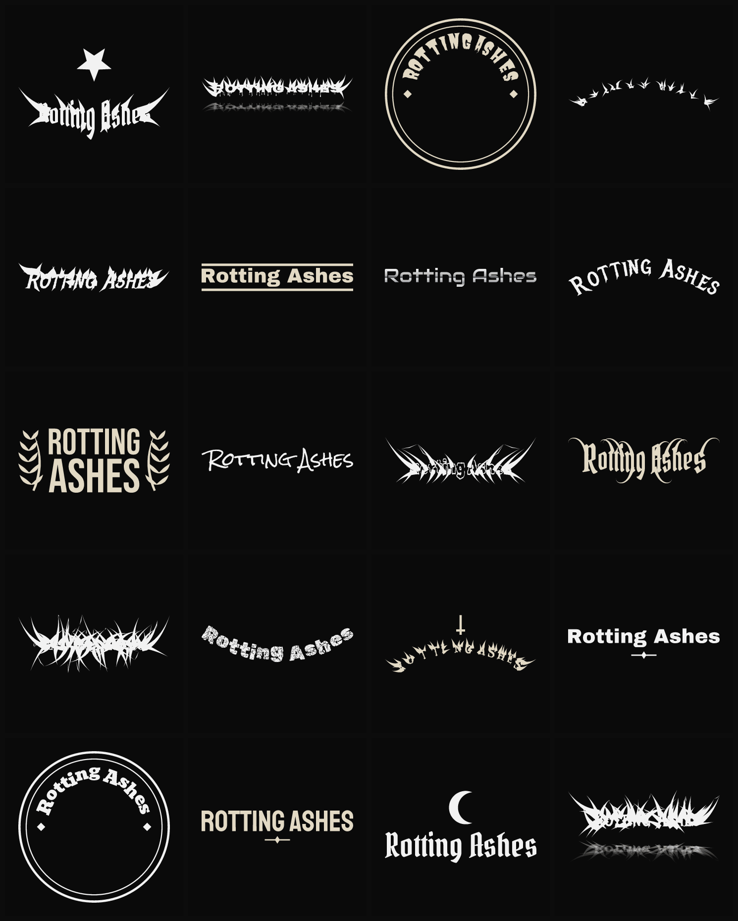 Twenty Rotting Ashes band logo ideas — different faces, treatments and spike settings
