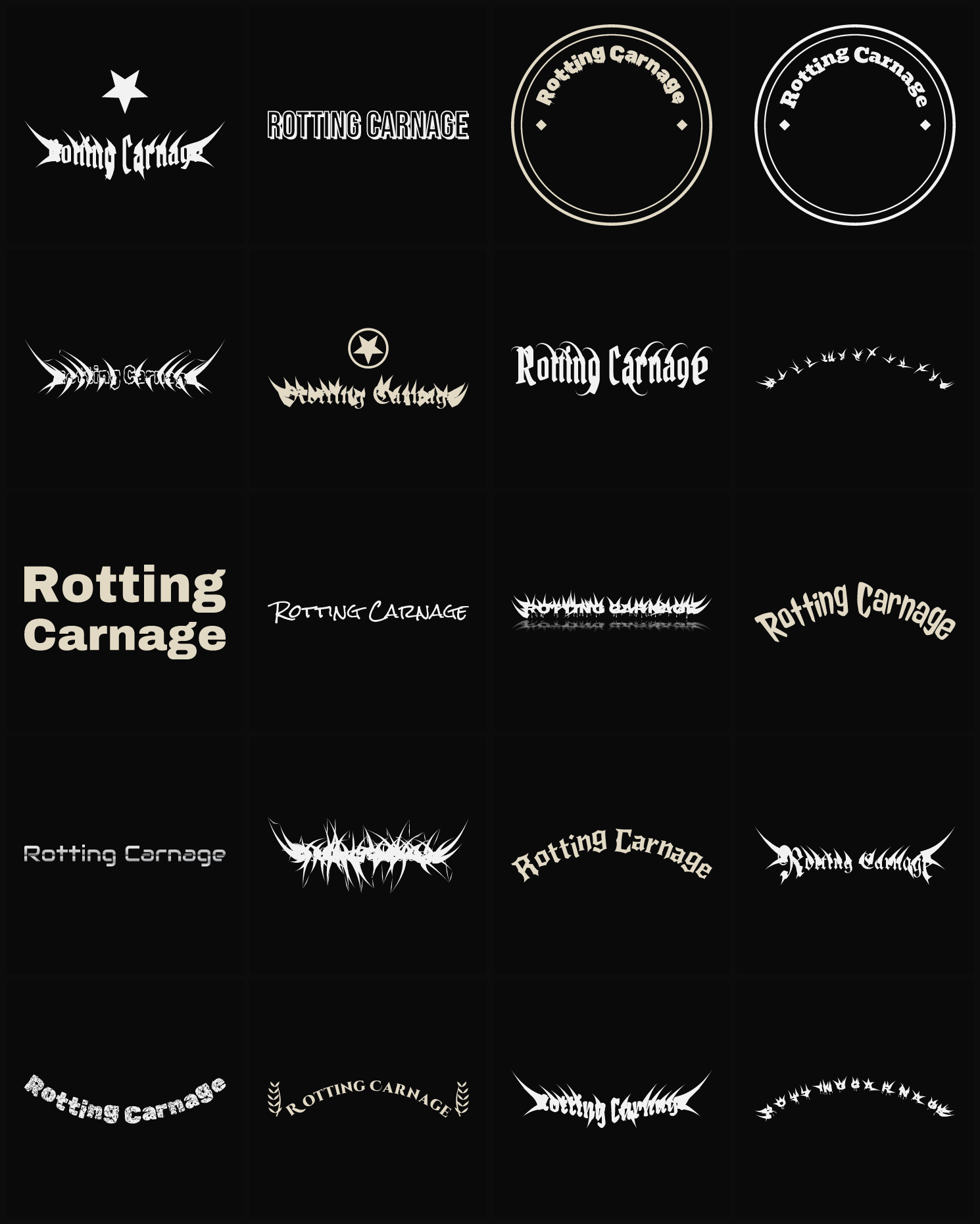 Twenty Rotting Carnage band logo ideas — different faces, treatments and spike settings