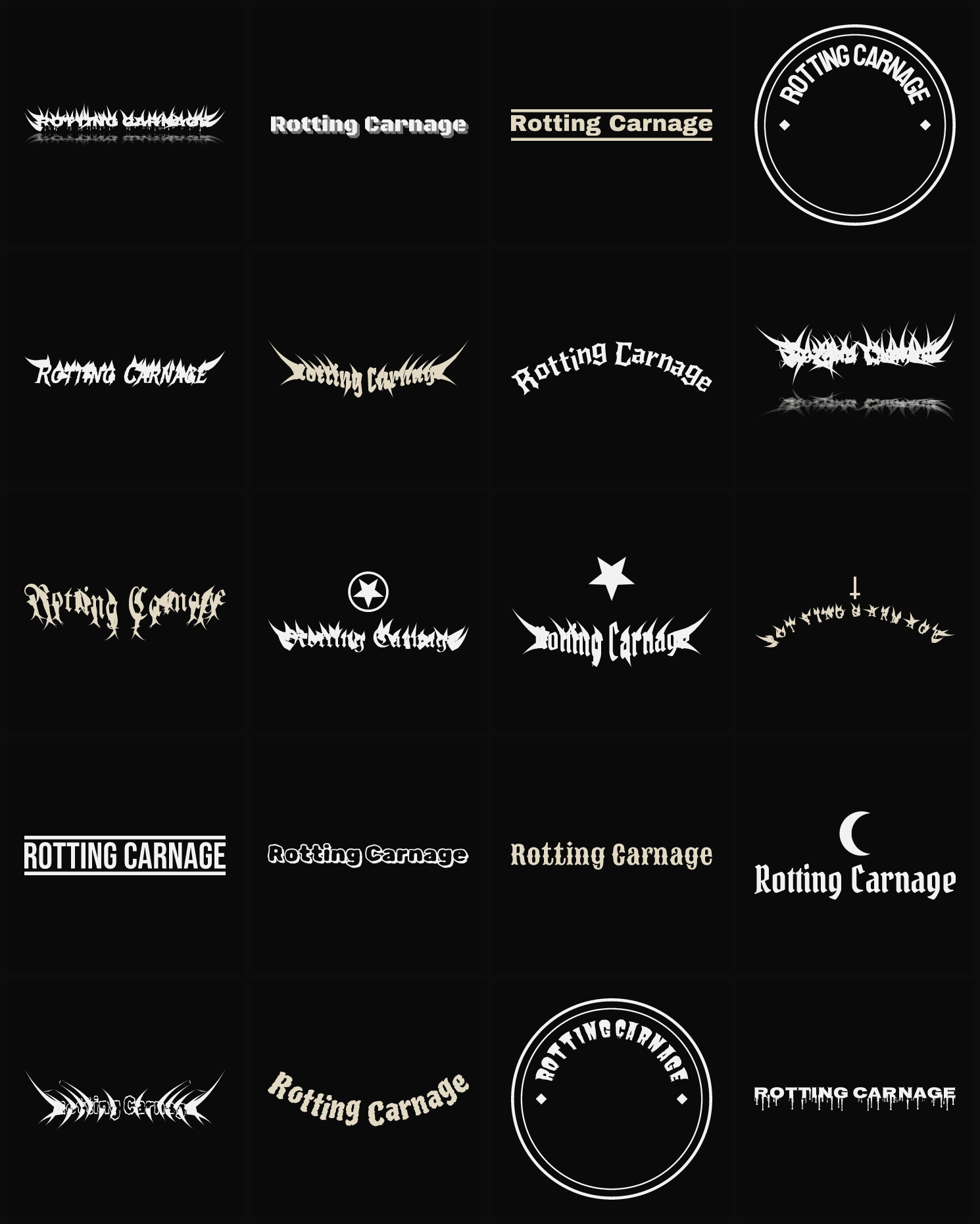 Twenty Rotting Carnage band logo ideas — different faces, treatments and spike settings