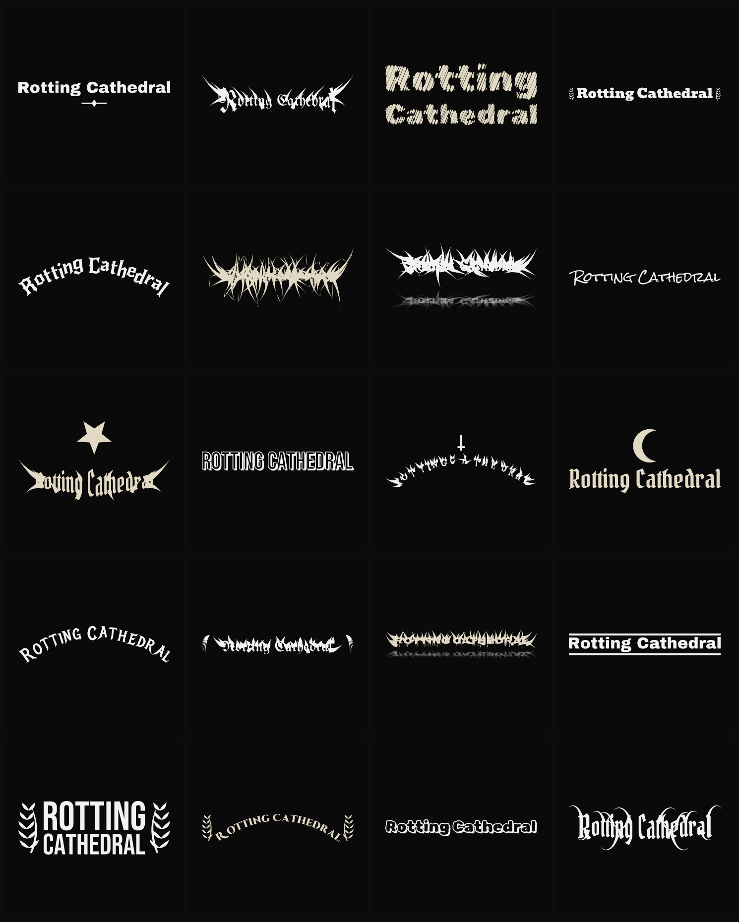Twenty Rotting Cathedral band logo ideas — different faces, treatments and spike settings