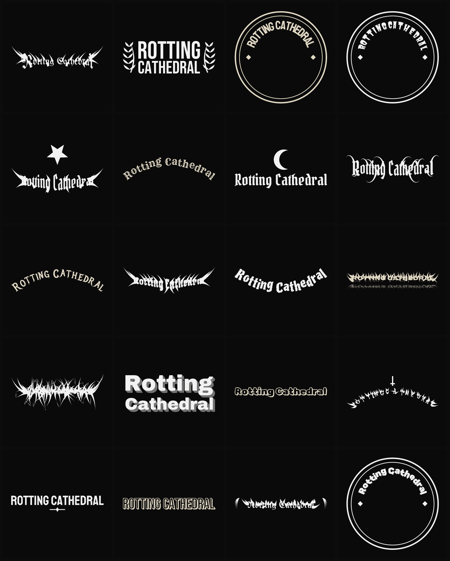 Twenty Rotting Cathedral band logo ideas — different faces, treatments and spike settings