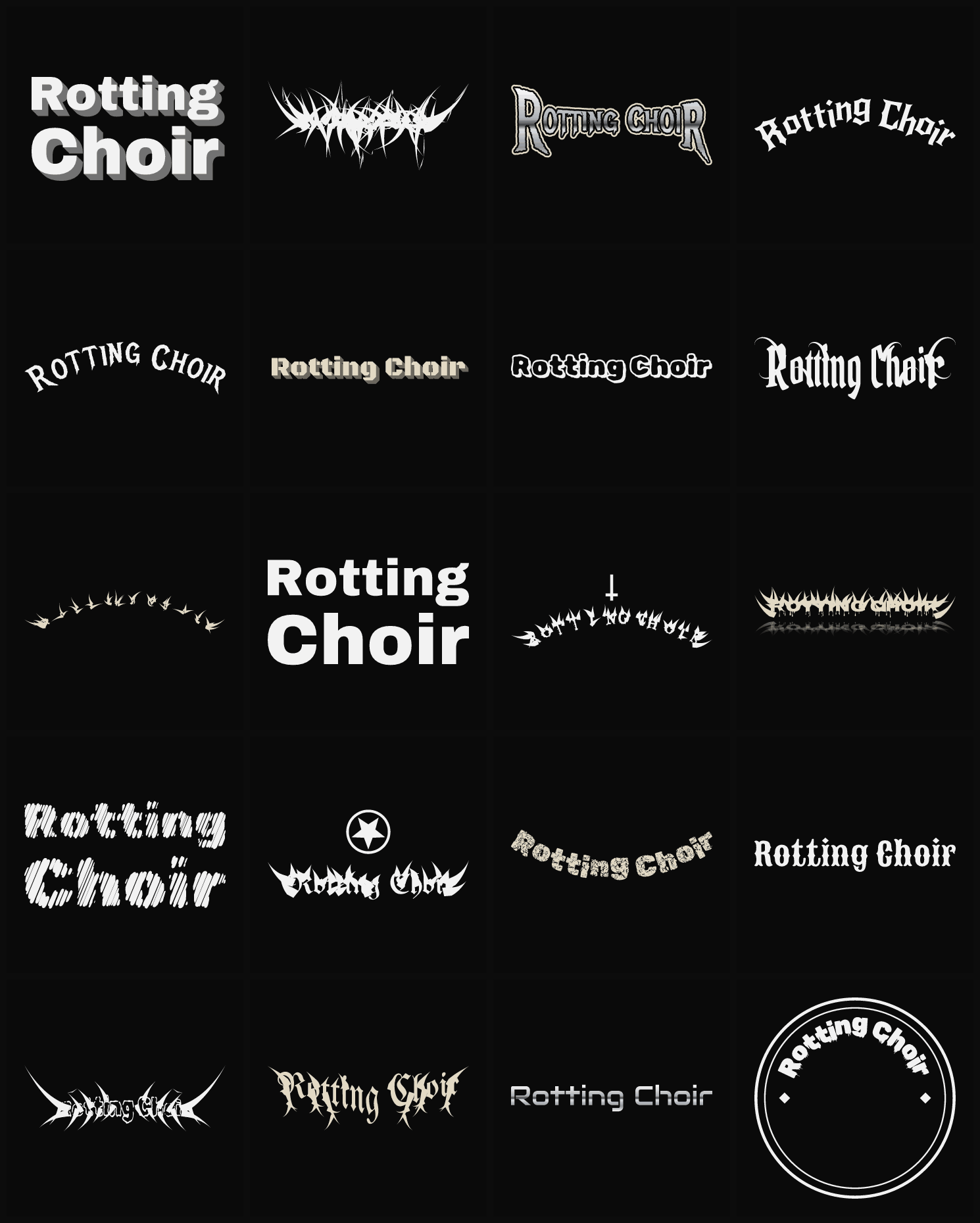 Twenty Rotting Choir band logo ideas — different faces, treatments and spike settings