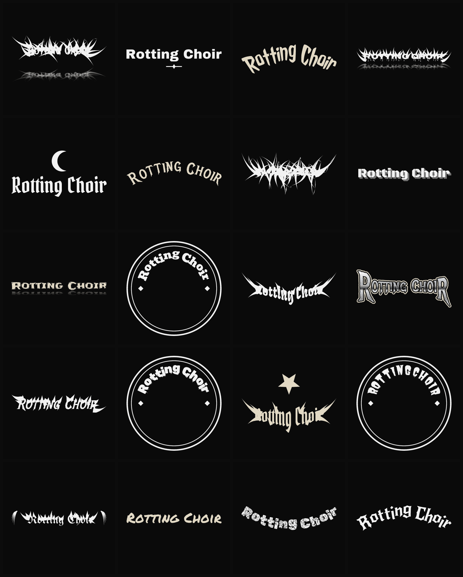Twenty Rotting Choir band logo ideas — different faces, treatments and spike settings