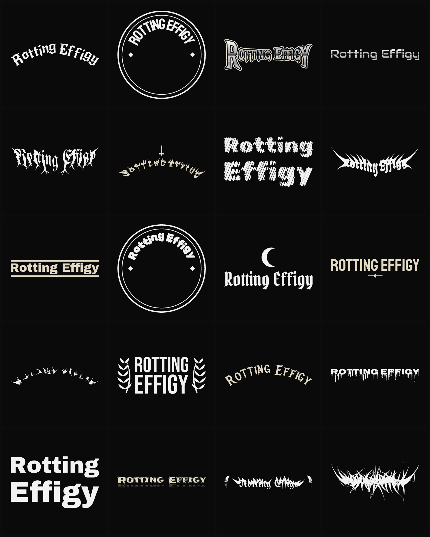 Twenty Rotting Effigy band logo ideas — different faces, treatments and spike settings