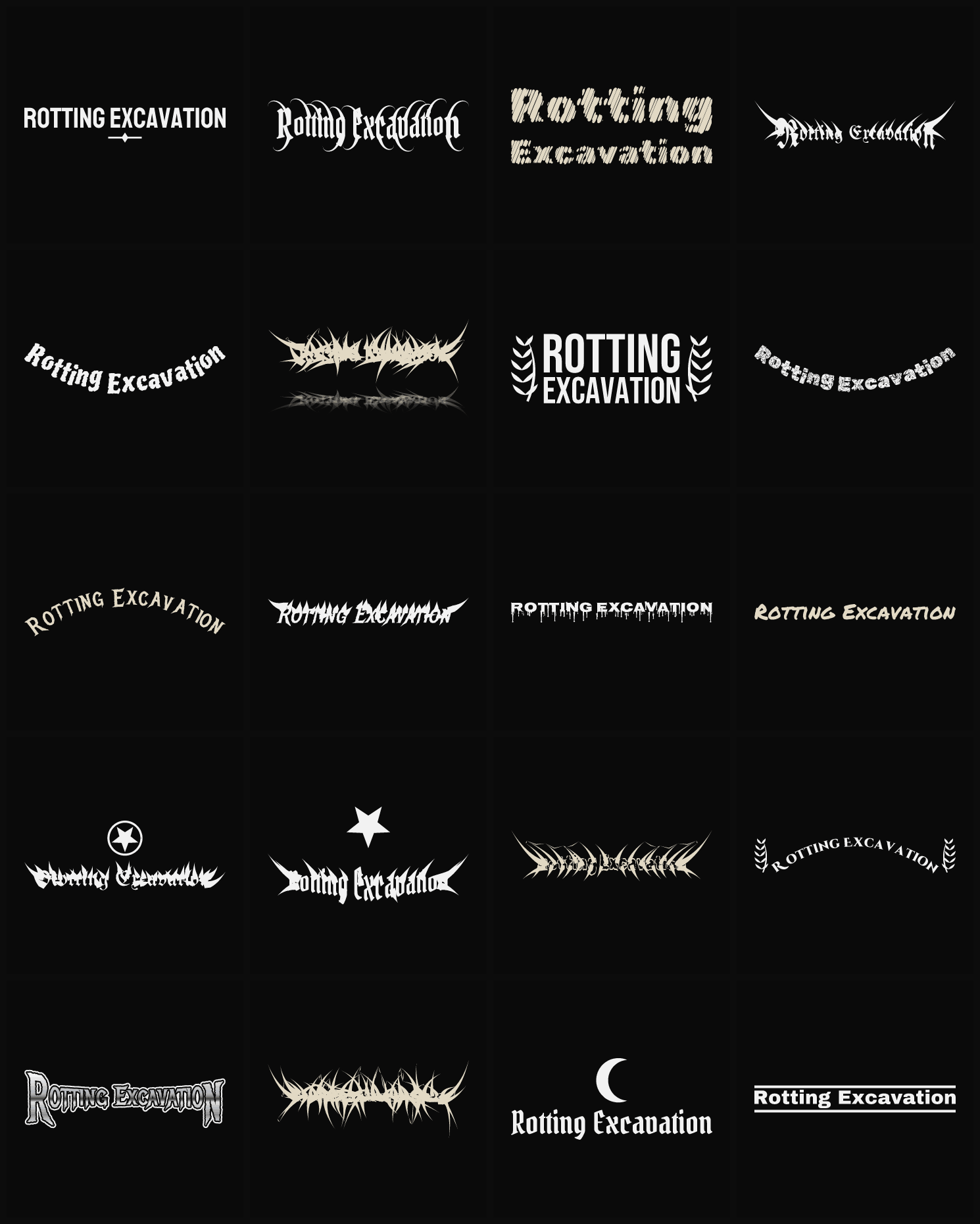Twenty Rotting Excavation band logo ideas — different faces, treatments and spike settings