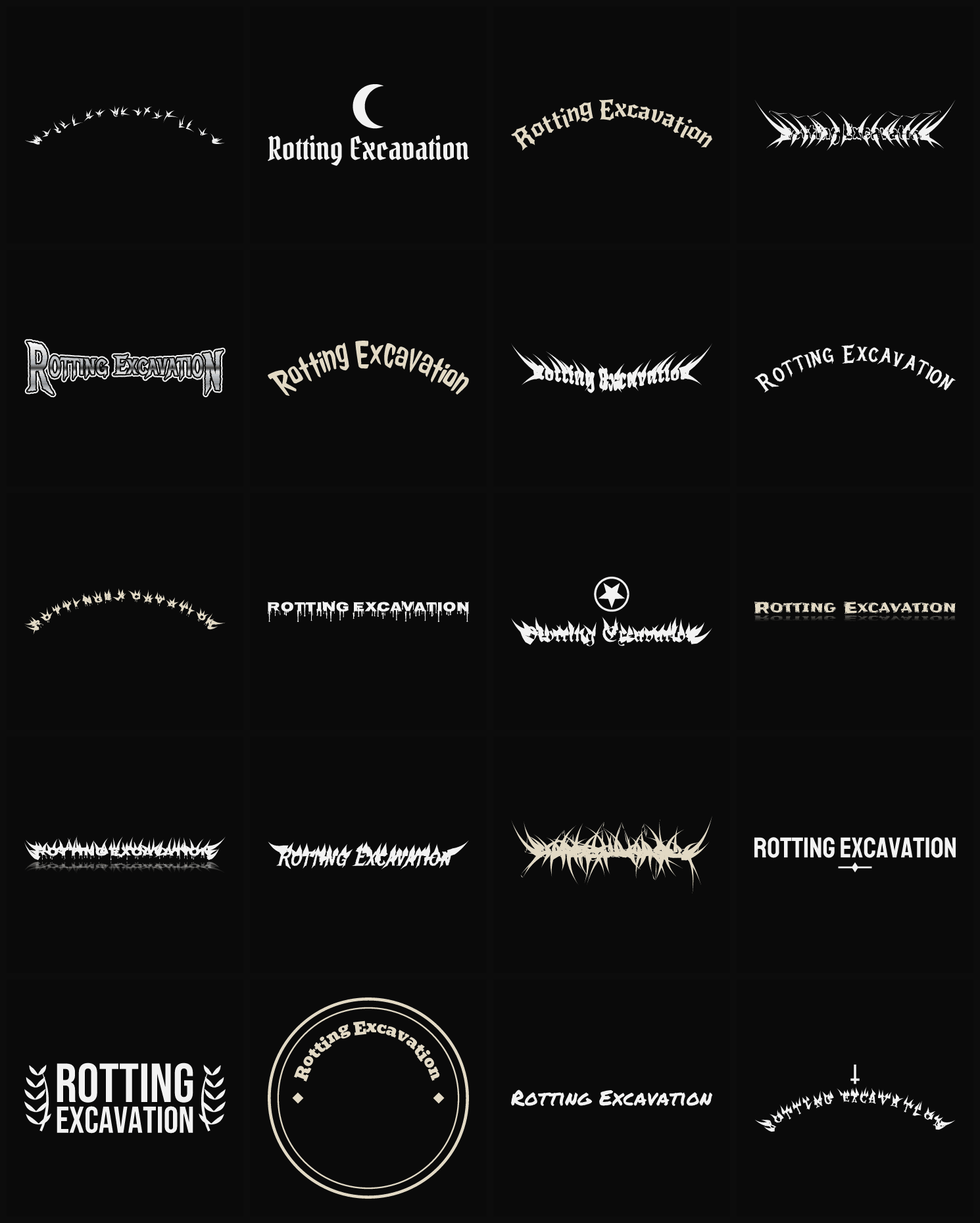 Twenty Rotting Excavation band logo ideas — different faces, treatments and spike settings