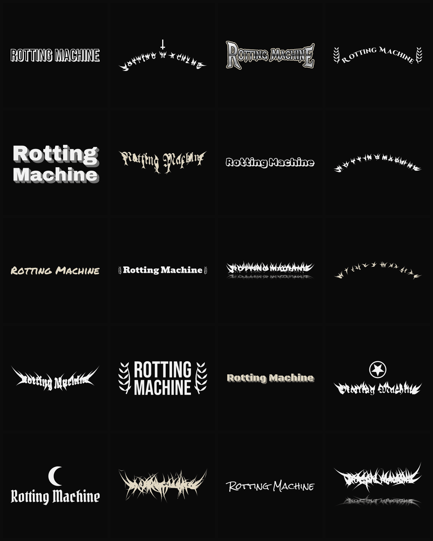 Twenty Rotting Machine band logo ideas — different faces, treatments and spike settings