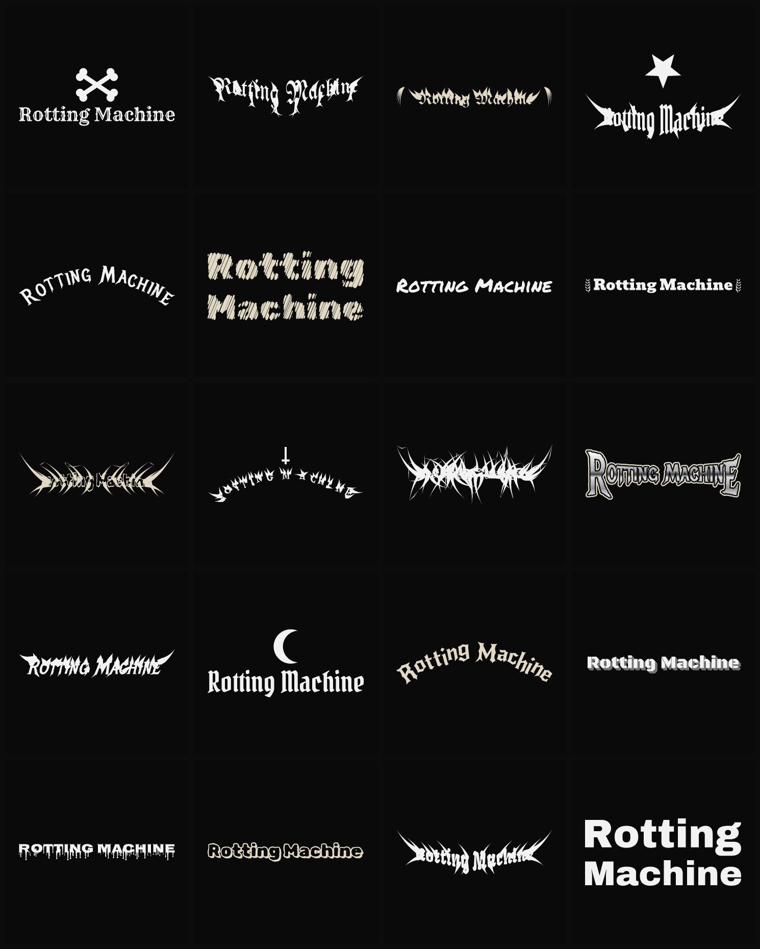 Twenty Rotting Machine band logo ideas — different faces, treatments and spike settings