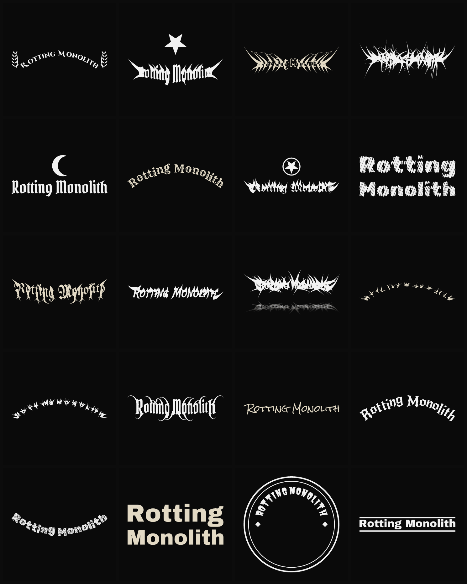 Twenty Rotting Monolith band logo ideas — different faces, treatments and spike settings