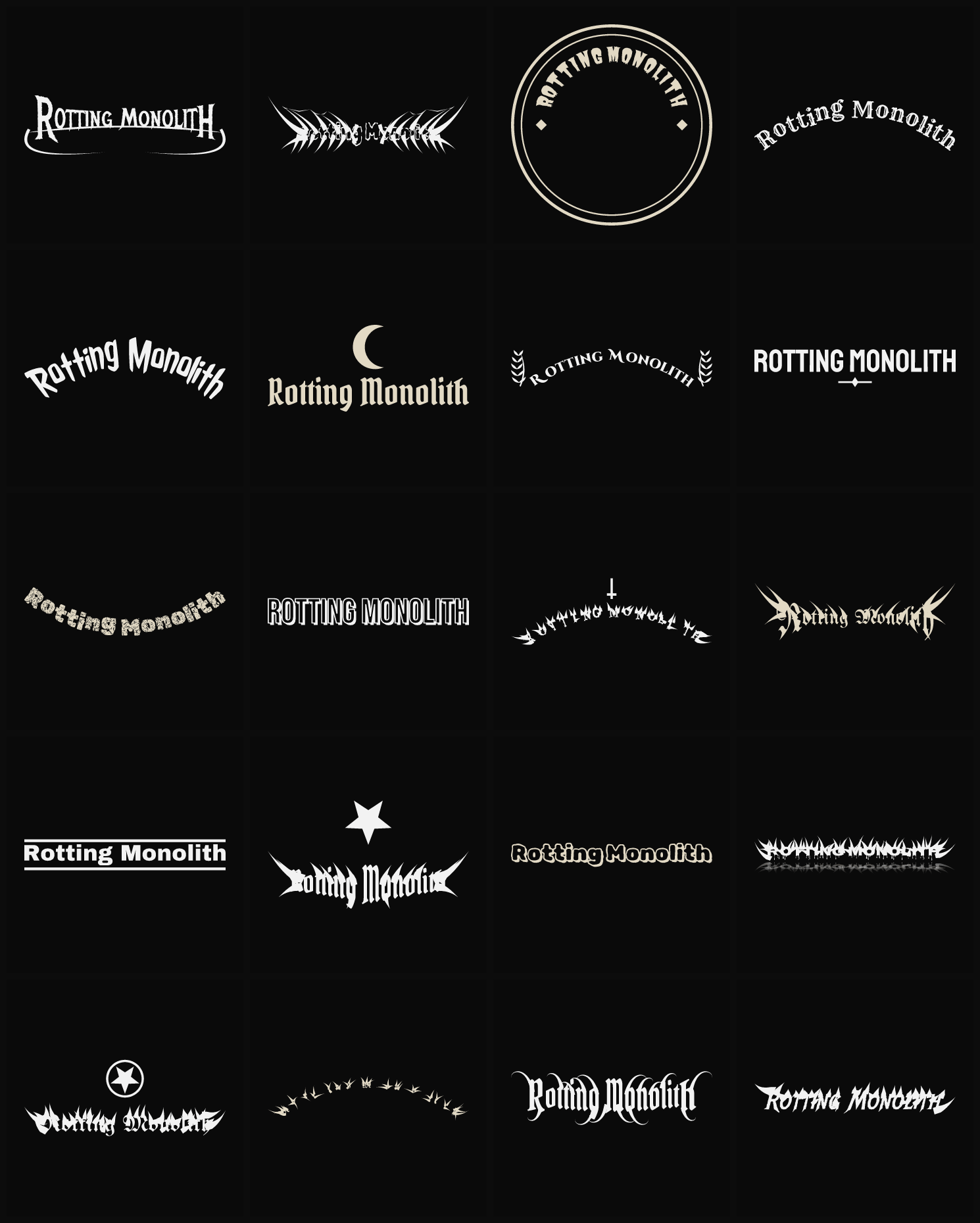Twenty Rotting Monolith band logo ideas — different faces, treatments and spike settings
