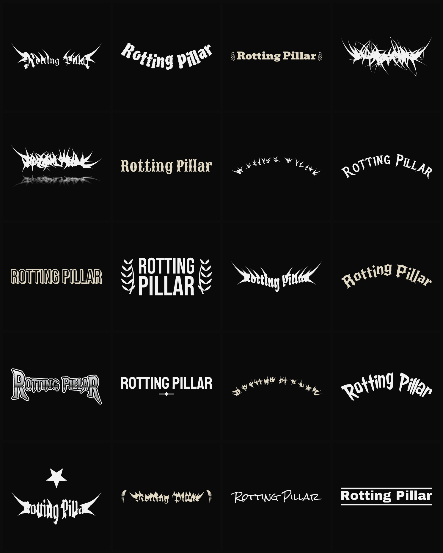 Twenty Rotting Pillar band logo ideas — different faces, treatments and spike settings