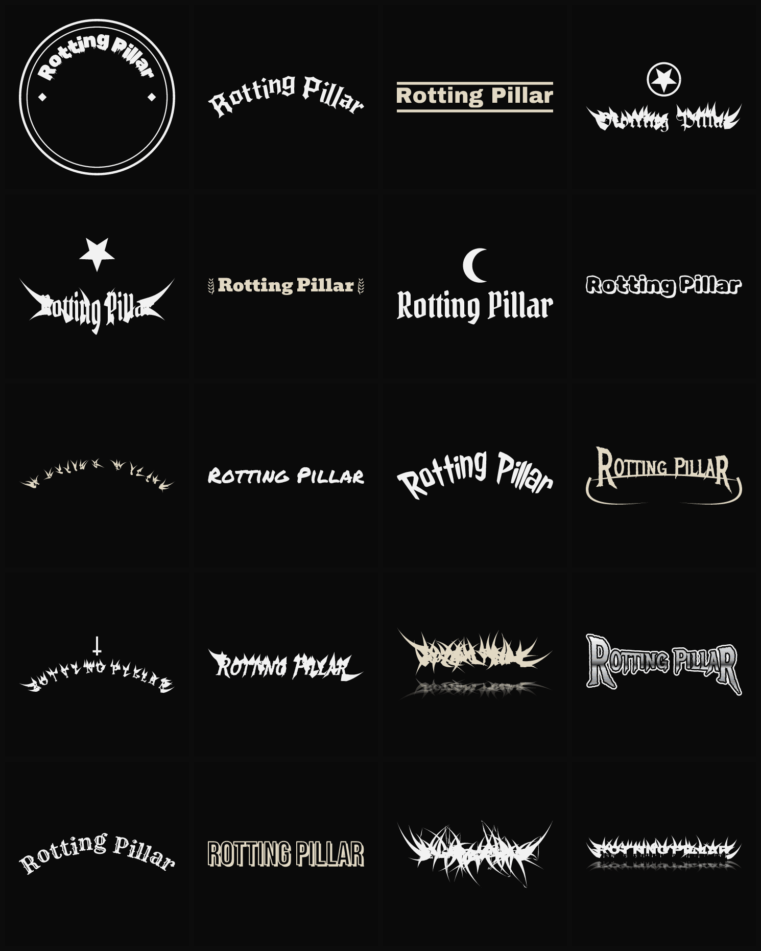 Twenty Rotting Pillar band logo ideas — different faces, treatments and spike settings