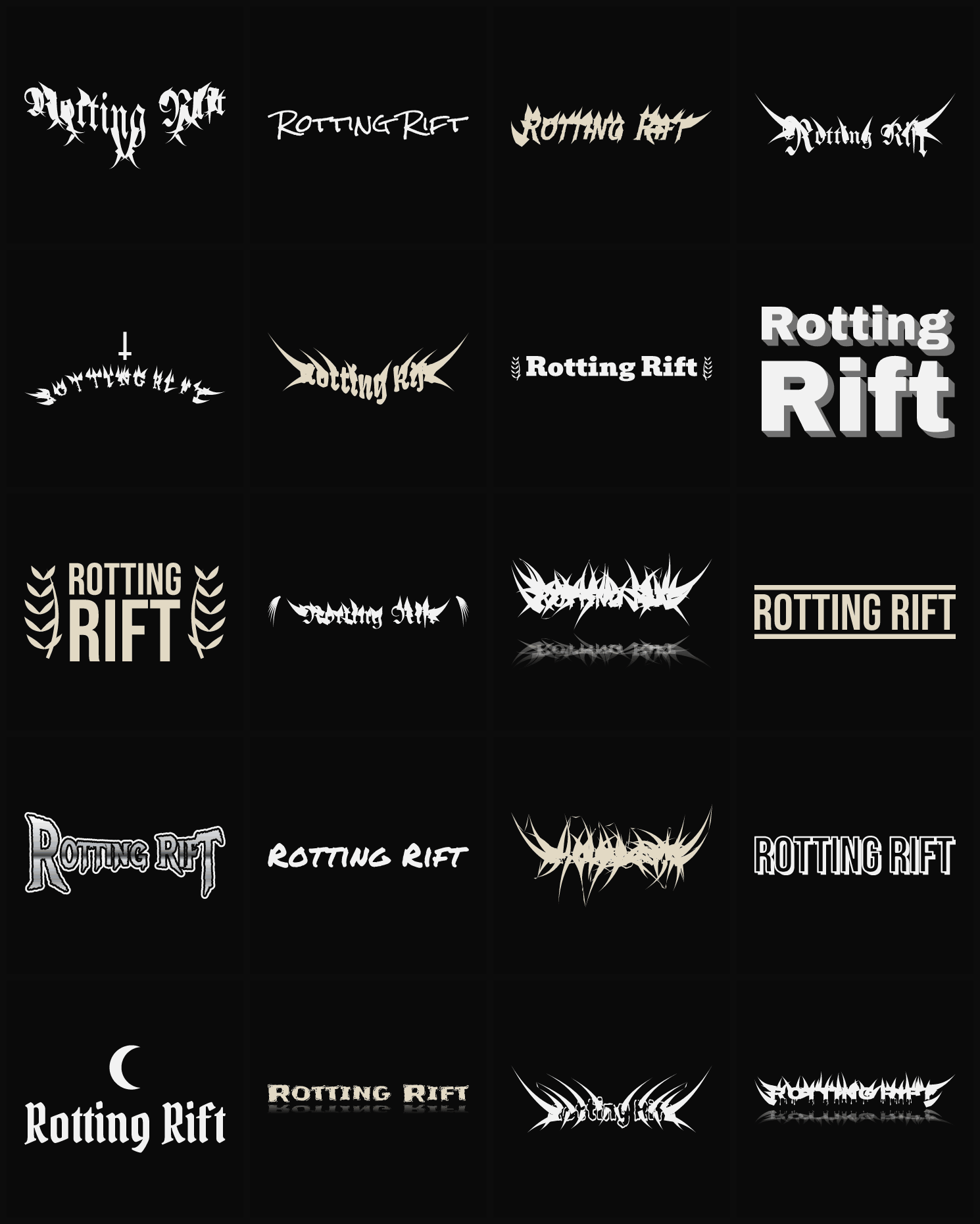 Twenty Rotting Rift band logo ideas — different faces, treatments and spike settings